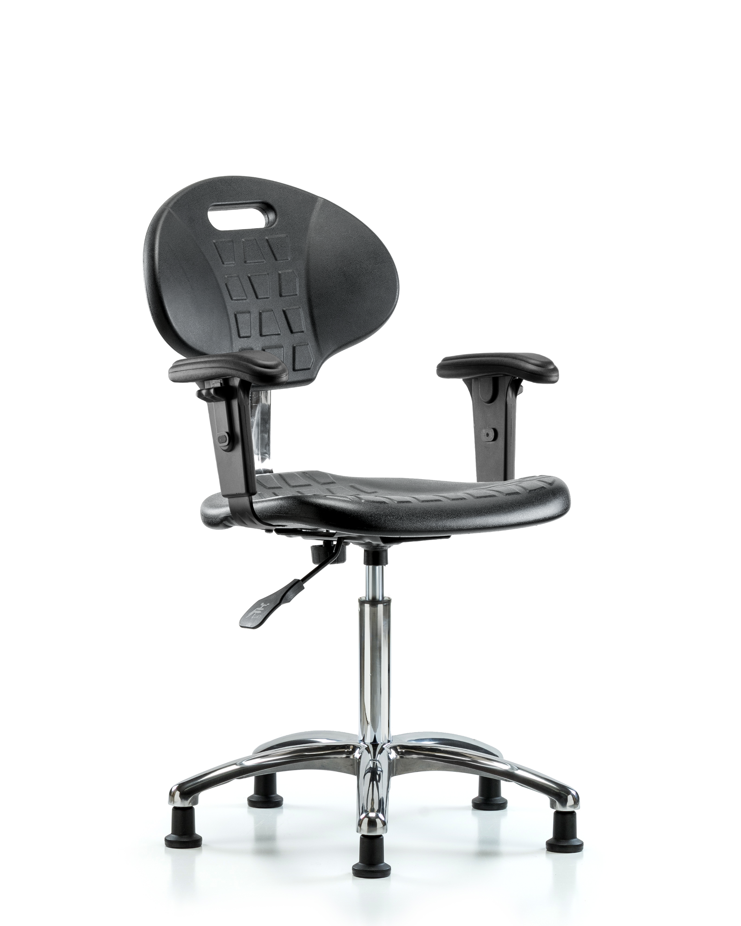 Class 100 Erie Polyurethane Clean Room Chair - Medium Bench Height with Adjustable Arms & Stationary Glides in Black Polyurethane
