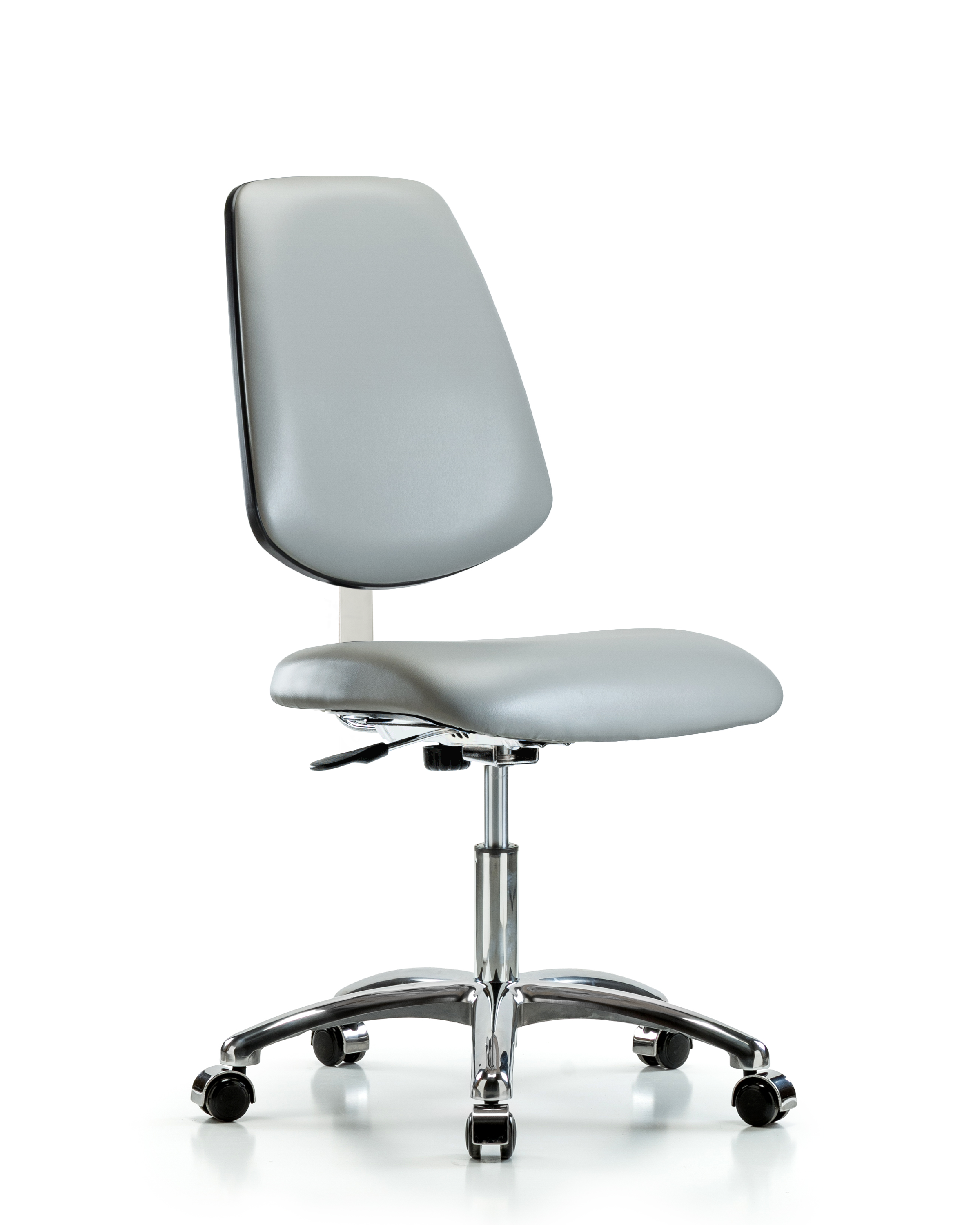 Class 10 Clean Room Vinyl Chair Chrome - Desk Height with Medium Back & Casters in Dove Trailblazer Vinyl