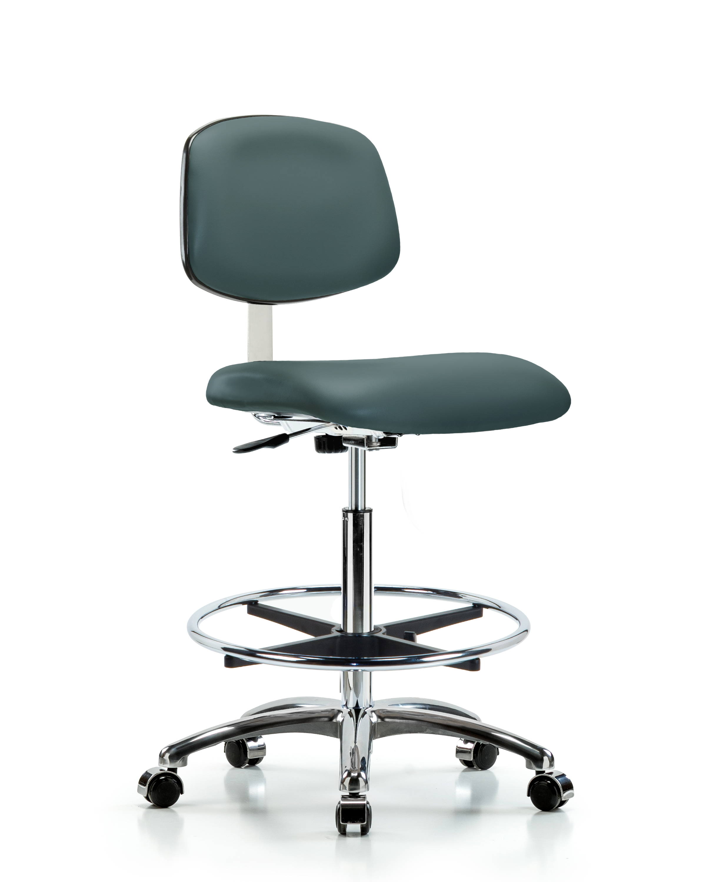 Class 10 Clean Room Vinyl Chair Chrome - High Bench Height with Chrome Foot Ring & Casters in Colonial Blue Trailblazer Vinyl
