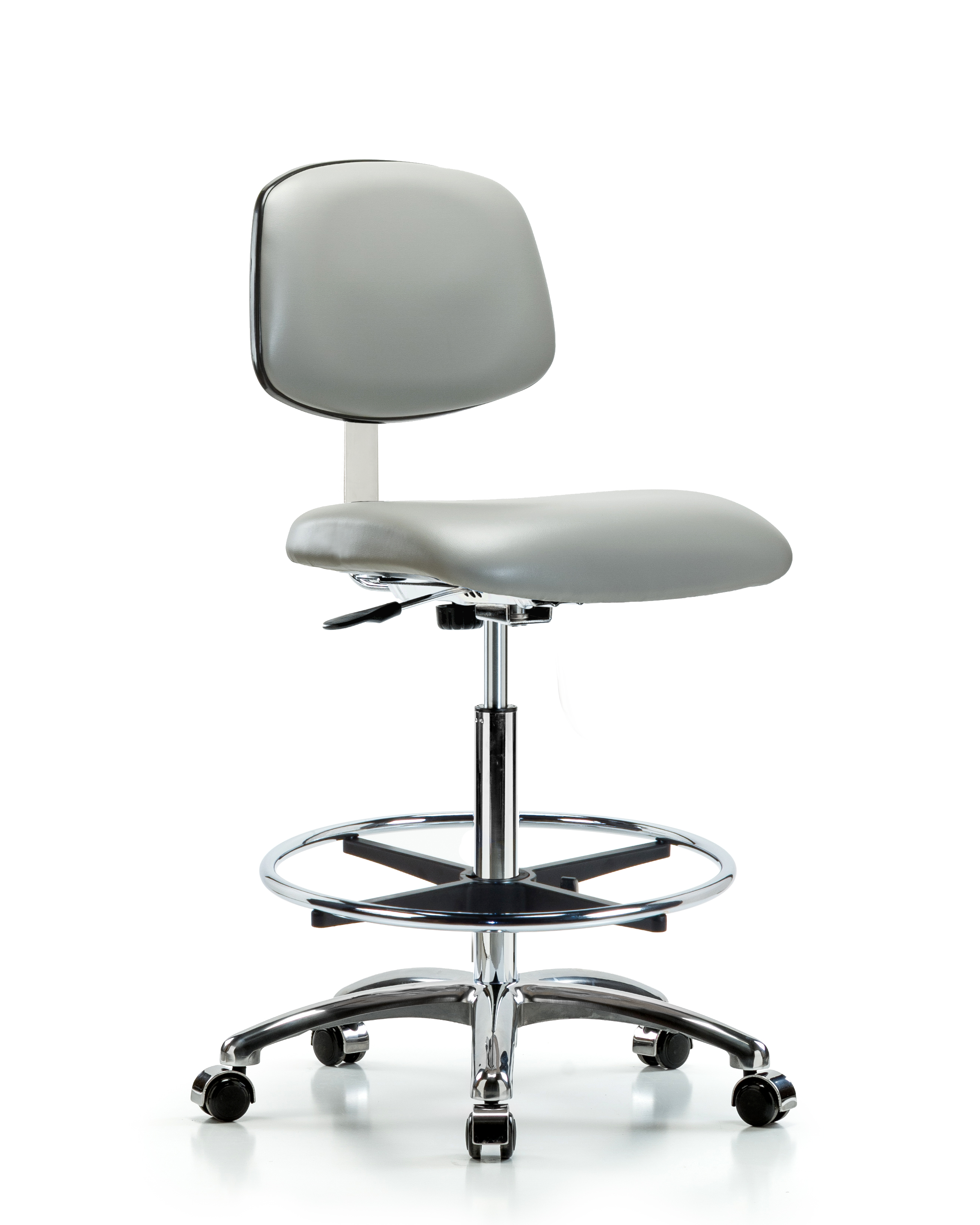 Class 10 Clean Room Vinyl Chair Chrome - High Bench Height with Chrome Foot Ring & Casters in Dove Trailblazer Vinyl