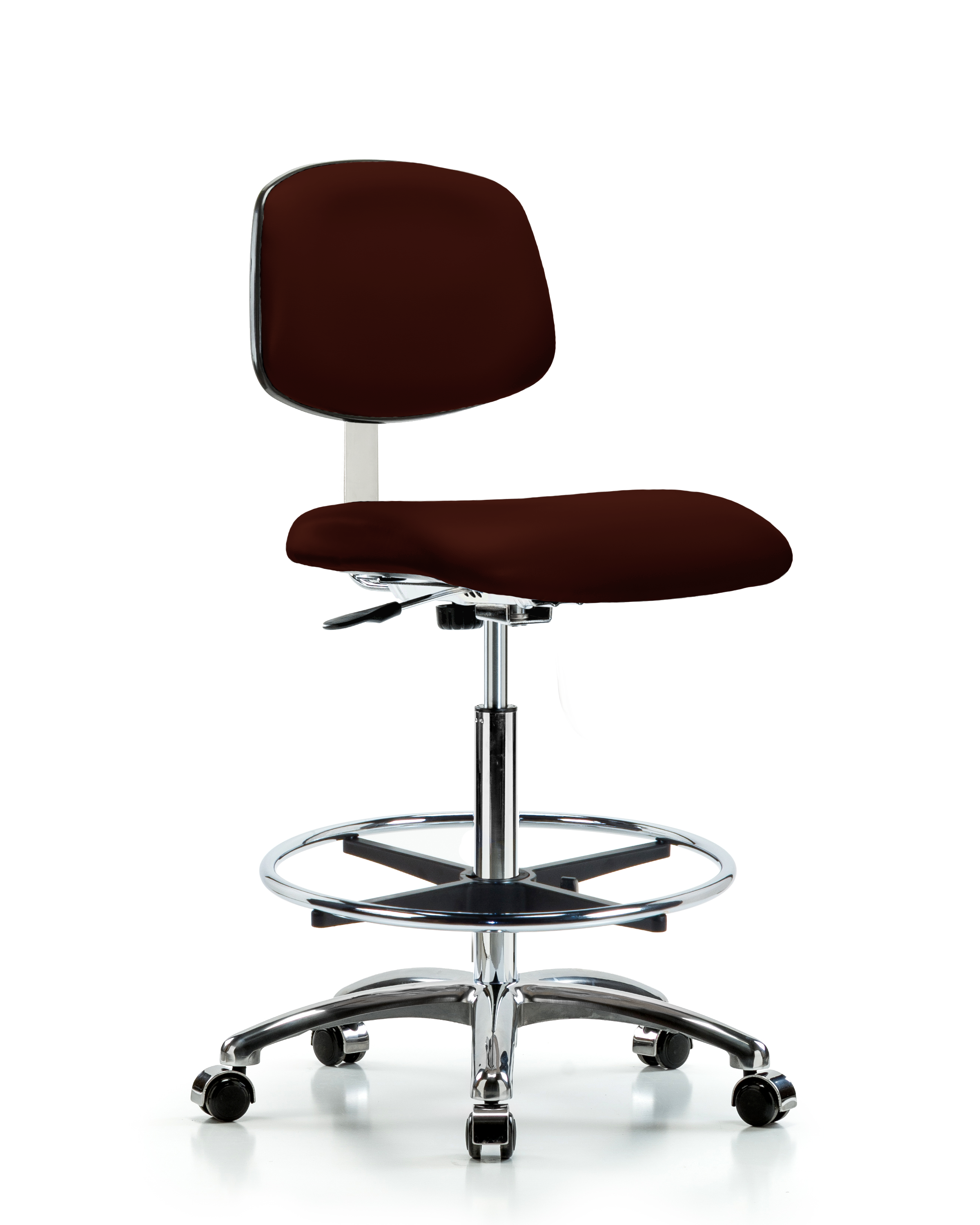 Class 10 Clean Room Vinyl Chair Chrome - High Bench Height with Chrome Foot Ring & Casters in Burgundy Trailblazer Vinyl