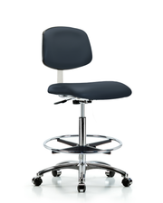 Class 10 Clean Room Vinyl Chair Chrome - High Bench Height with Chrome Foot Ring & Casters in Imperial Blue Trailblazer Vinyl