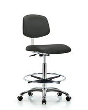Class 10 Clean Room Vinyl Chair Chrome - High Bench Height with Chrome Foot Ring & Casters in Charcoal Trailblazer Vinyl