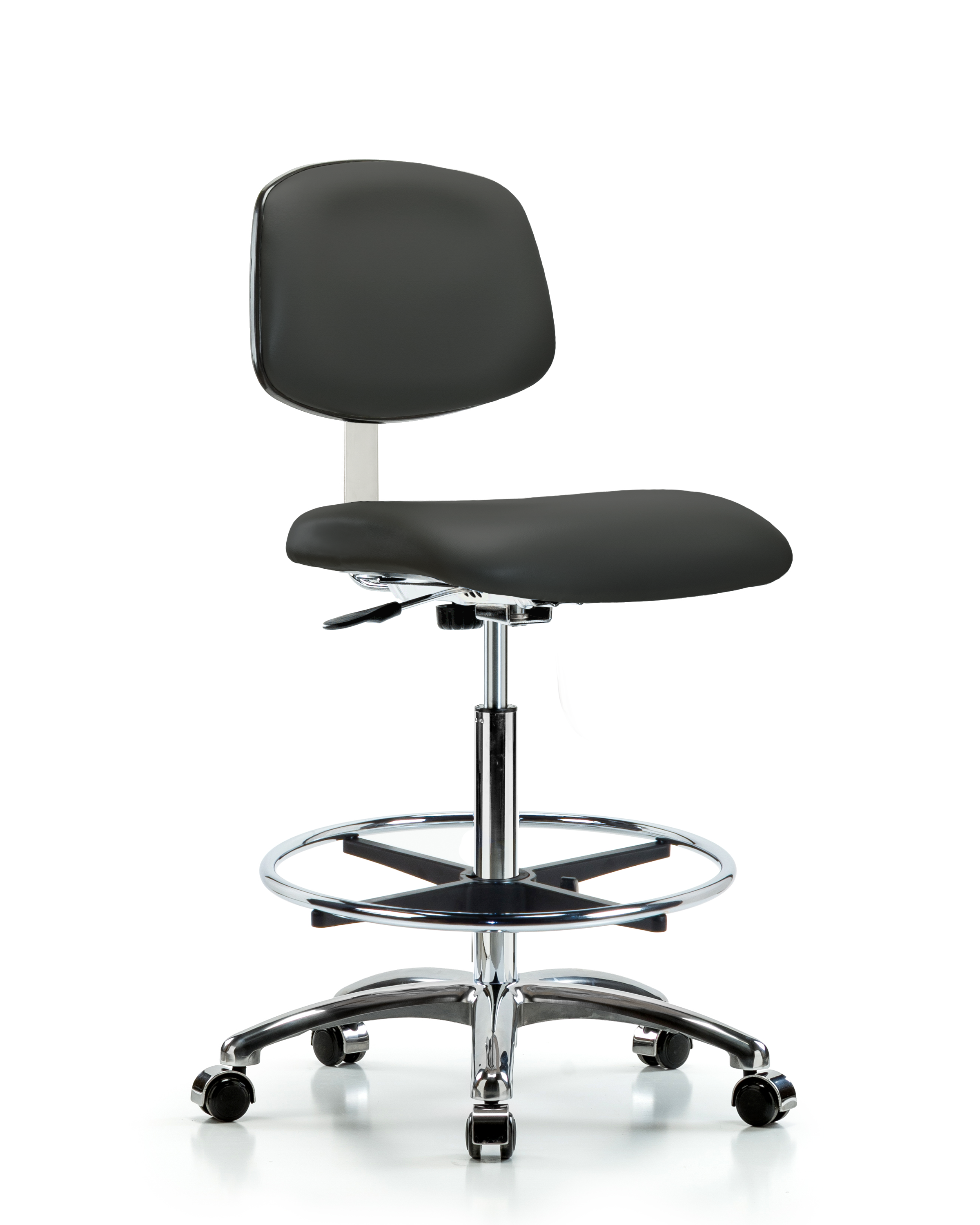 Class 10 Clean Room Vinyl Chair Chrome - High Bench Height with Chrome Foot Ring & Casters in Charcoal Trailblazer Vinyl