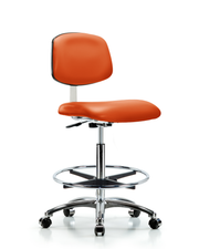 Class 10 Clean Room Vinyl Chair Chrome - High Bench Height with Chrome Foot Ring & Casters in Orange Kist Trailblazer Vinyl