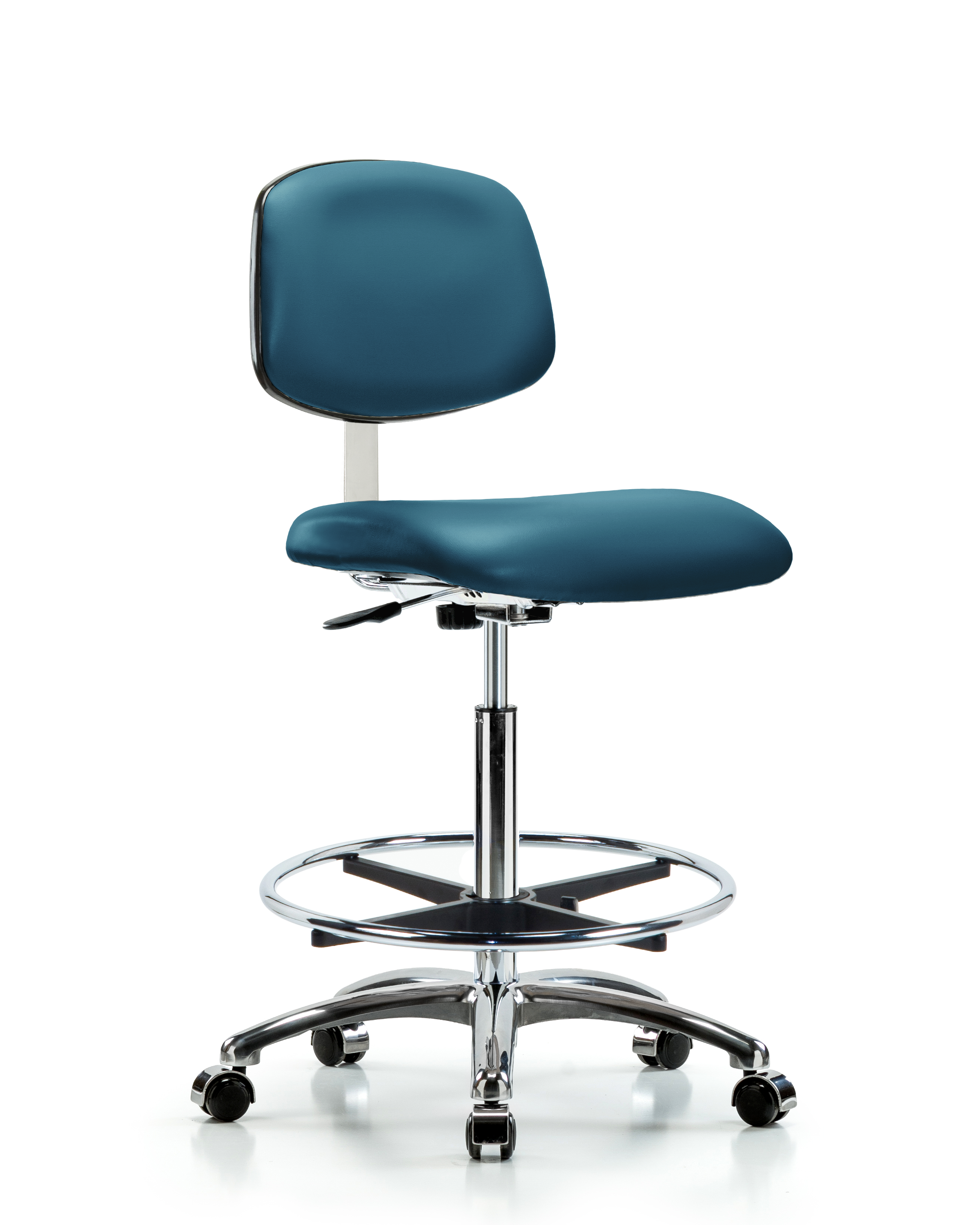 Class 10 Clean Room Vinyl Chair Chrome - High Bench Height with Chrome Foot Ring & Casters in Marine Blue Supernova Vinyl