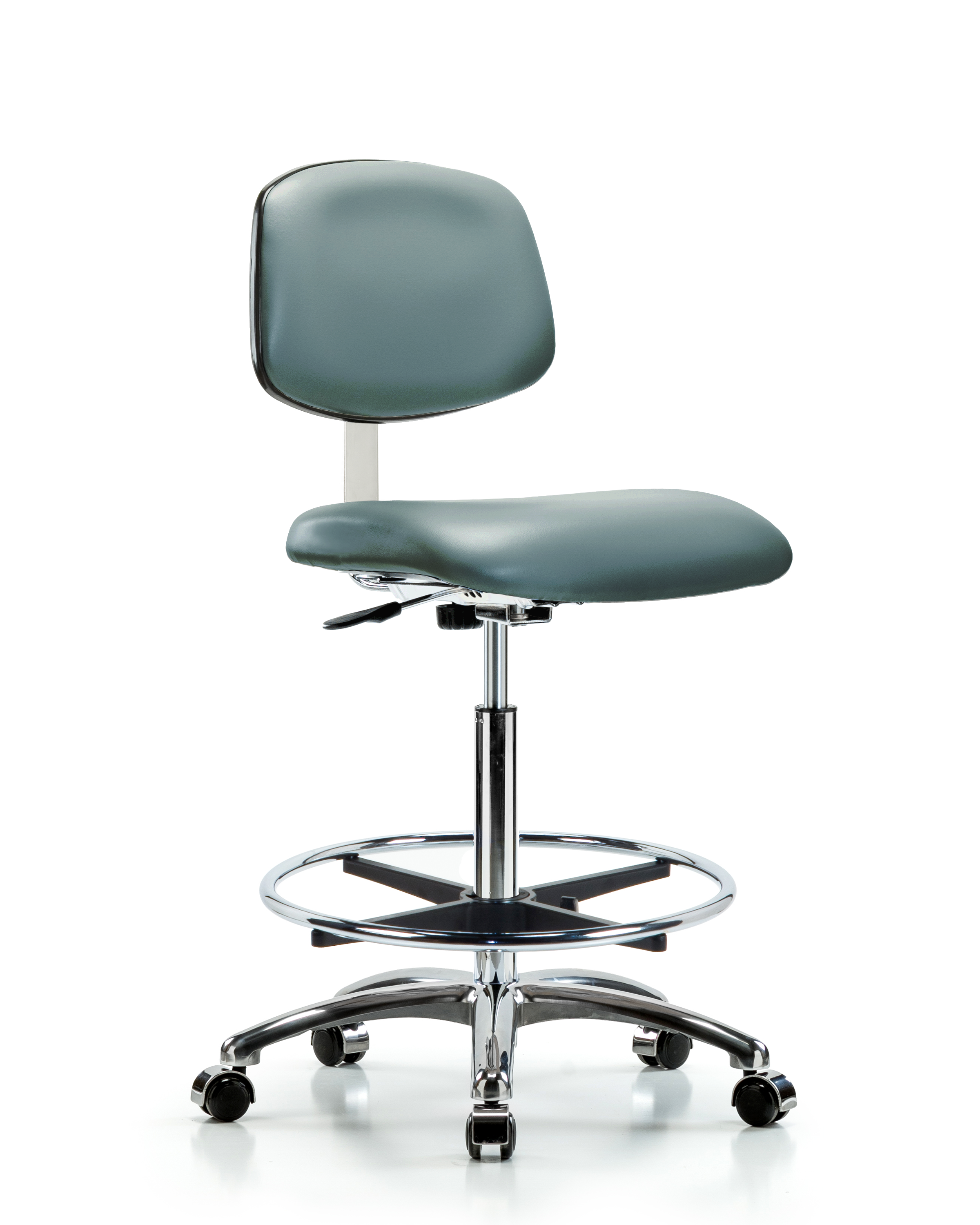 Class 10 Clean Room Vinyl Chair Chrome - High Bench Height with Chrome Foot Ring & Casters in Storm Supernova Vinyl