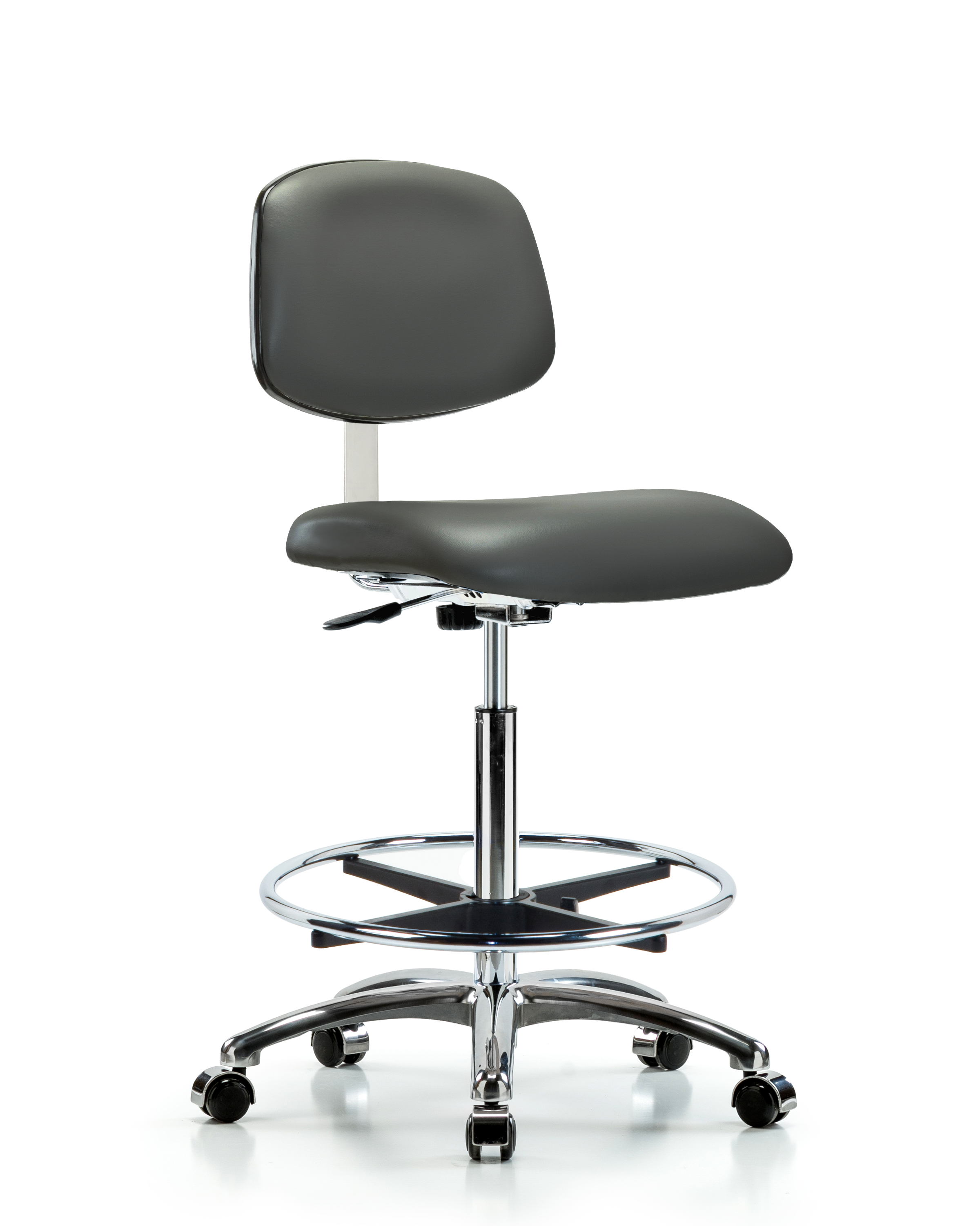 Class 10 Clean Room Vinyl Chair Chrome - High Bench Height with Chrome Foot Ring & Casters in Carbon Supernova Vinyl