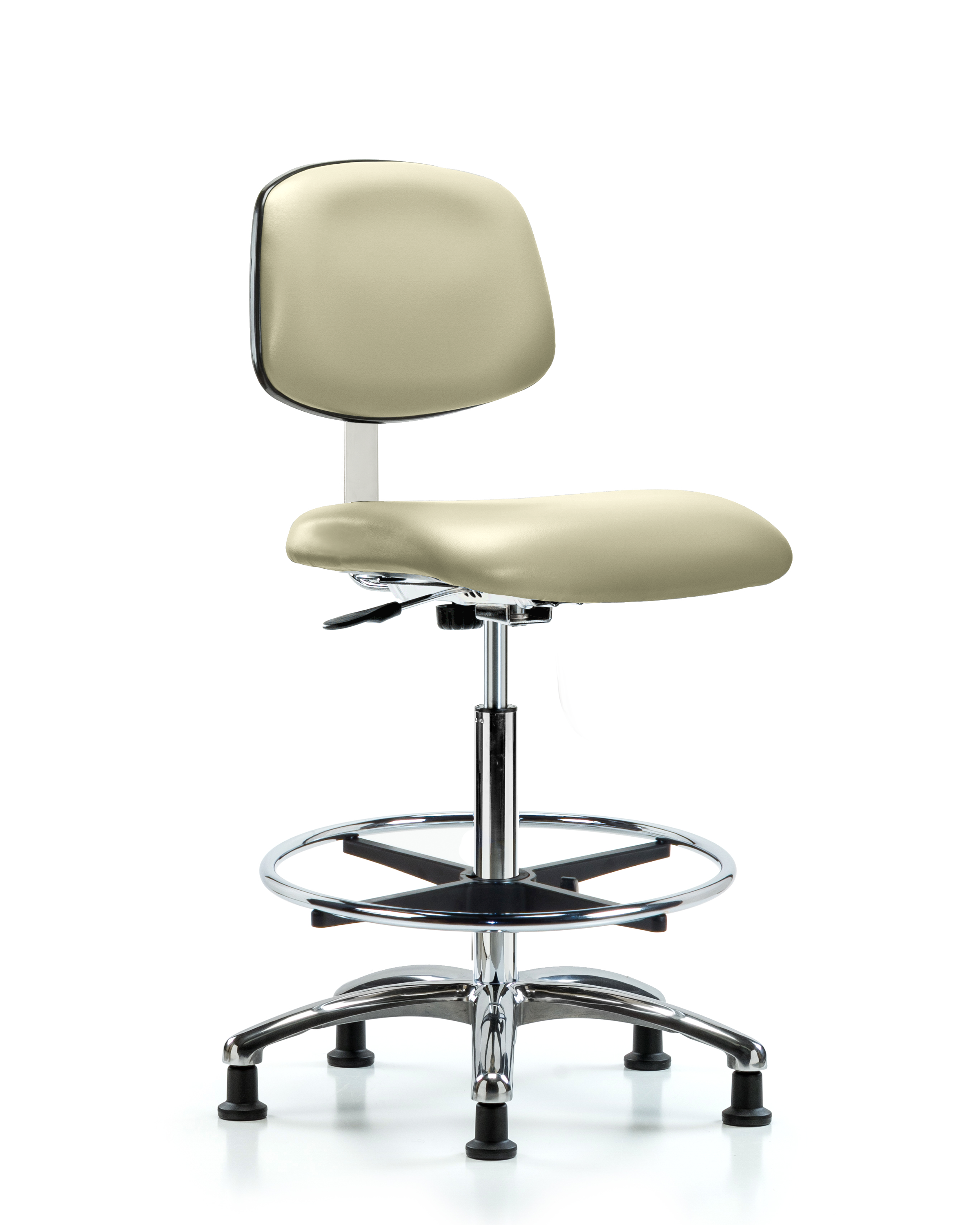 Class 10 Clean Room Vinyl Chair Chrome - High Bench Height with Chrome Foot Ring & Stationary Glides in Adobe White Trailblazer Vinyl