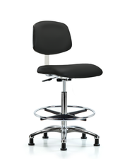 Class 10 Clean Room Vinyl Chair Chrome - High Bench Height with Chrome Foot Ring & Stationary Glides in Black Trailblazer Vinyl