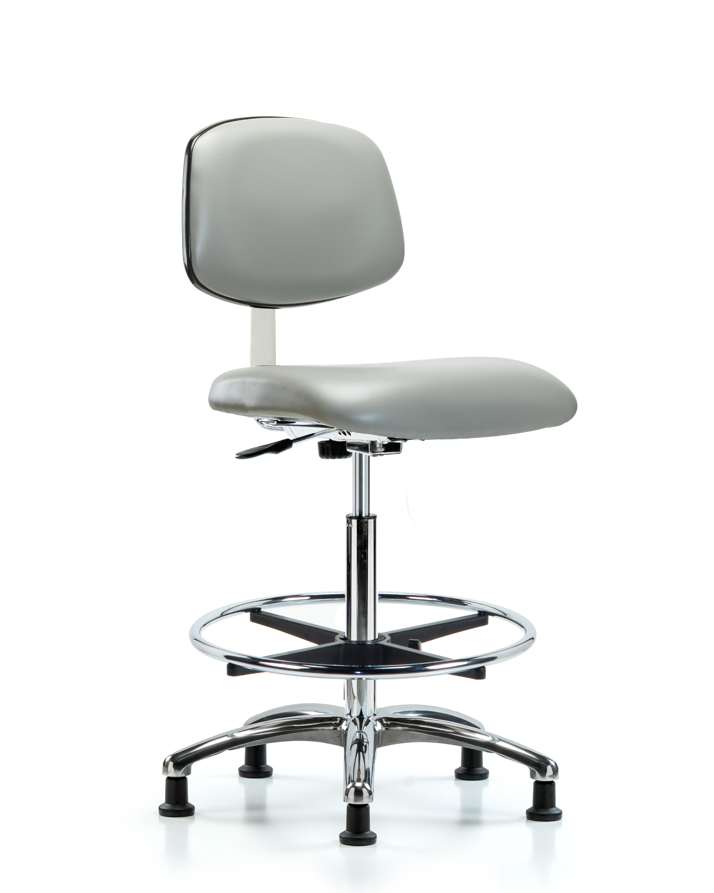 Class 10 Clean Room Vinyl Chair Chrome - High Bench Height with Chrome Foot Ring & Stationary Glides in Dove Trailblazer Vinyl