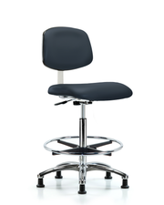 Class 10 Clean Room Vinyl Chair Chrome - High Bench Height with Chrome Foot Ring & Stationary Glides in Imperial Blue Trailblazer Vinyl