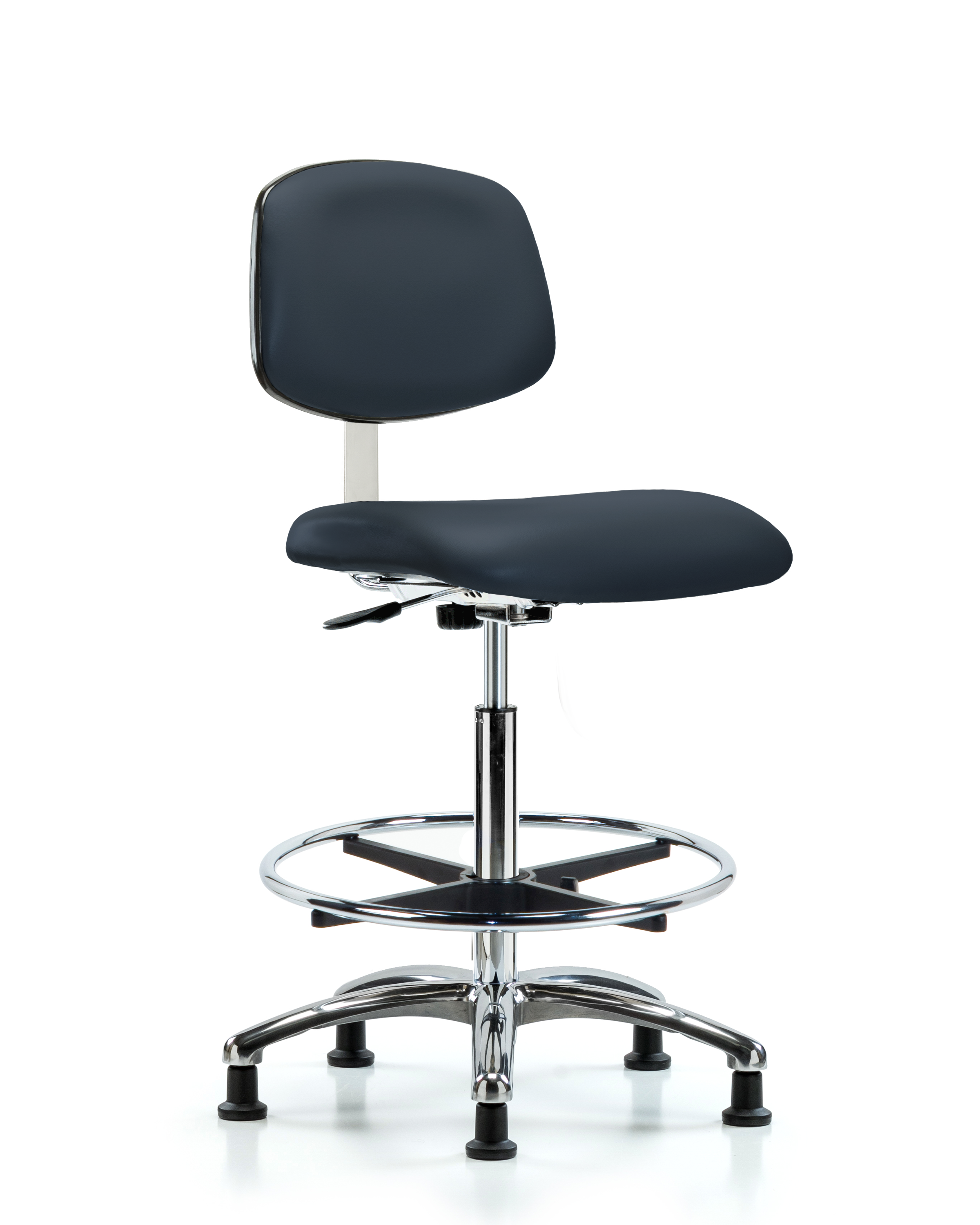 Class 10 Clean Room Vinyl Chair Chrome - High Bench Height with Chrome Foot Ring & Stationary Glides in Imperial Blue Trailblazer Vinyl