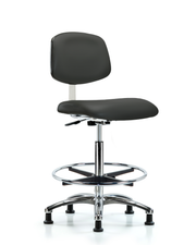 Class 10 Clean Room Vinyl Chair Chrome - High Bench Height with Chrome Foot Ring & Stationary Glides in Charcoal Trailblazer Vinyl