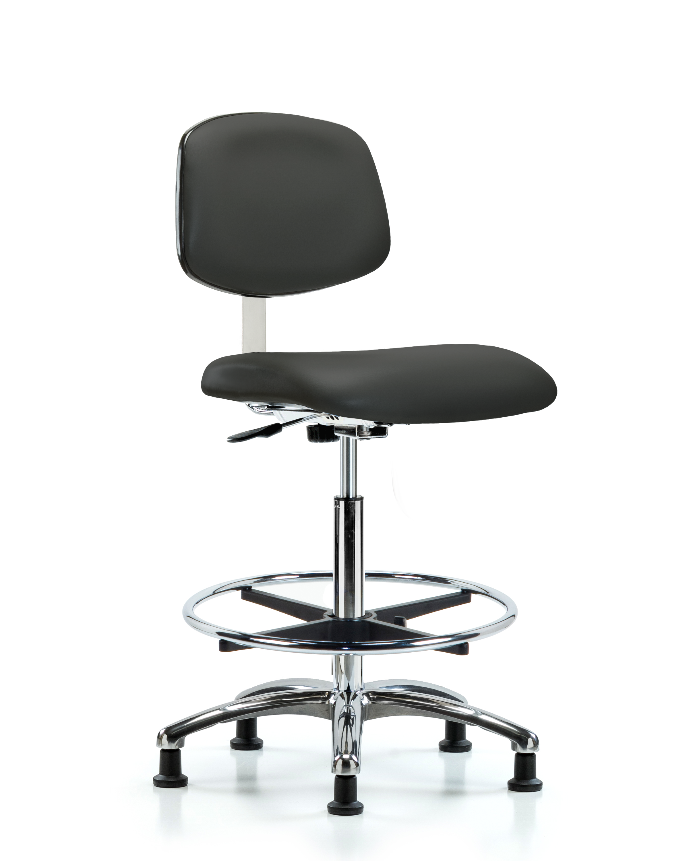 Class 10 Clean Room Vinyl Chair Chrome - High Bench Height with Chrome Foot Ring & Stationary Glides in Charcoal Trailblazer Vinyl