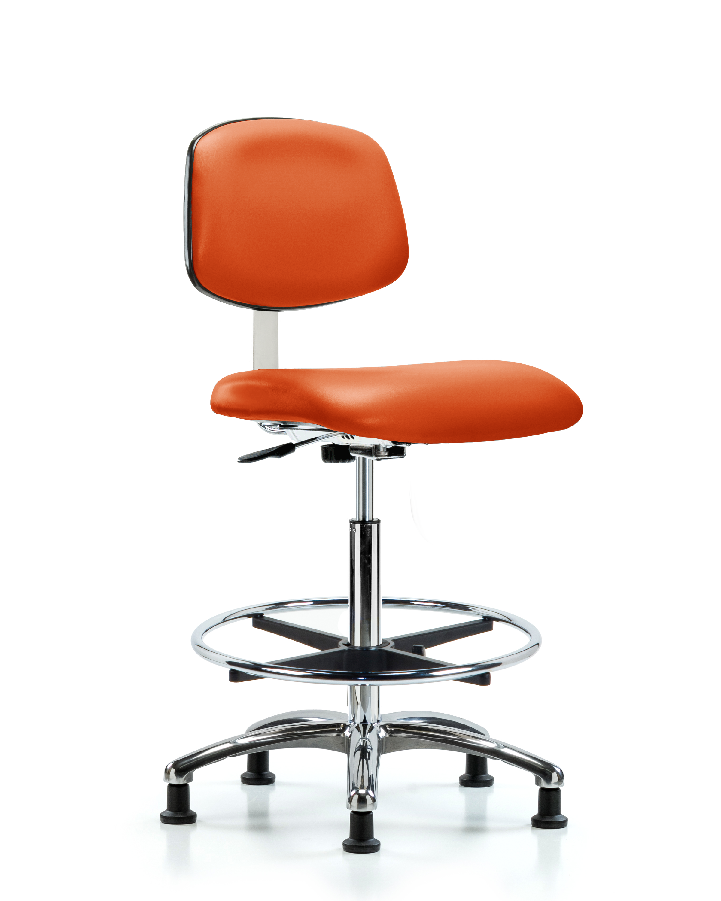 Class 10 Clean Room Vinyl Chair Chrome - High Bench Height with Chrome Foot Ring & Stationary Glides in Orange Kist Trailblazer Vinyl