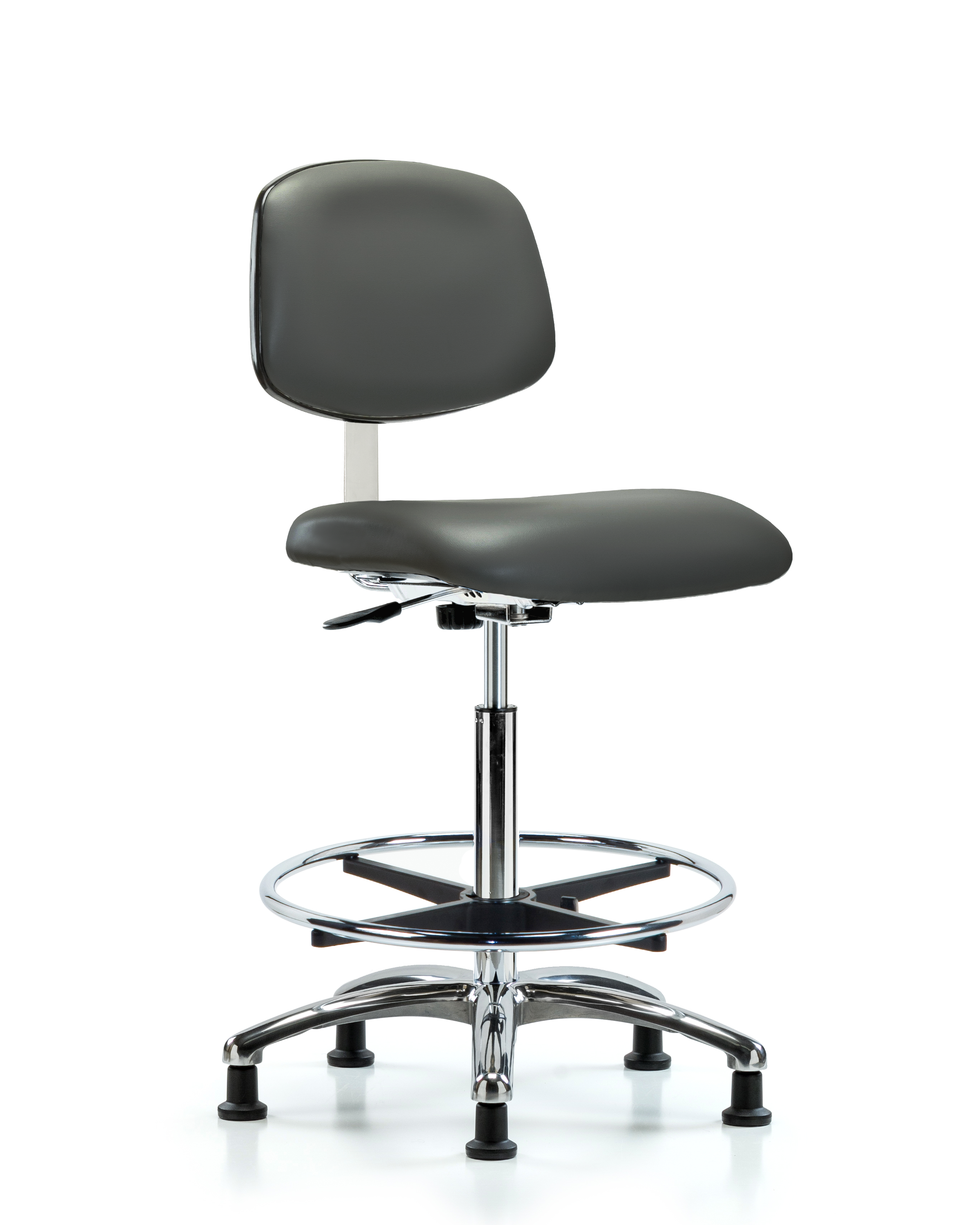 Class 10 Clean Room Vinyl Chair Chrome - High Bench Height with Chrome Foot Ring & Stationary Glides in Carbon Supernova Vinyl