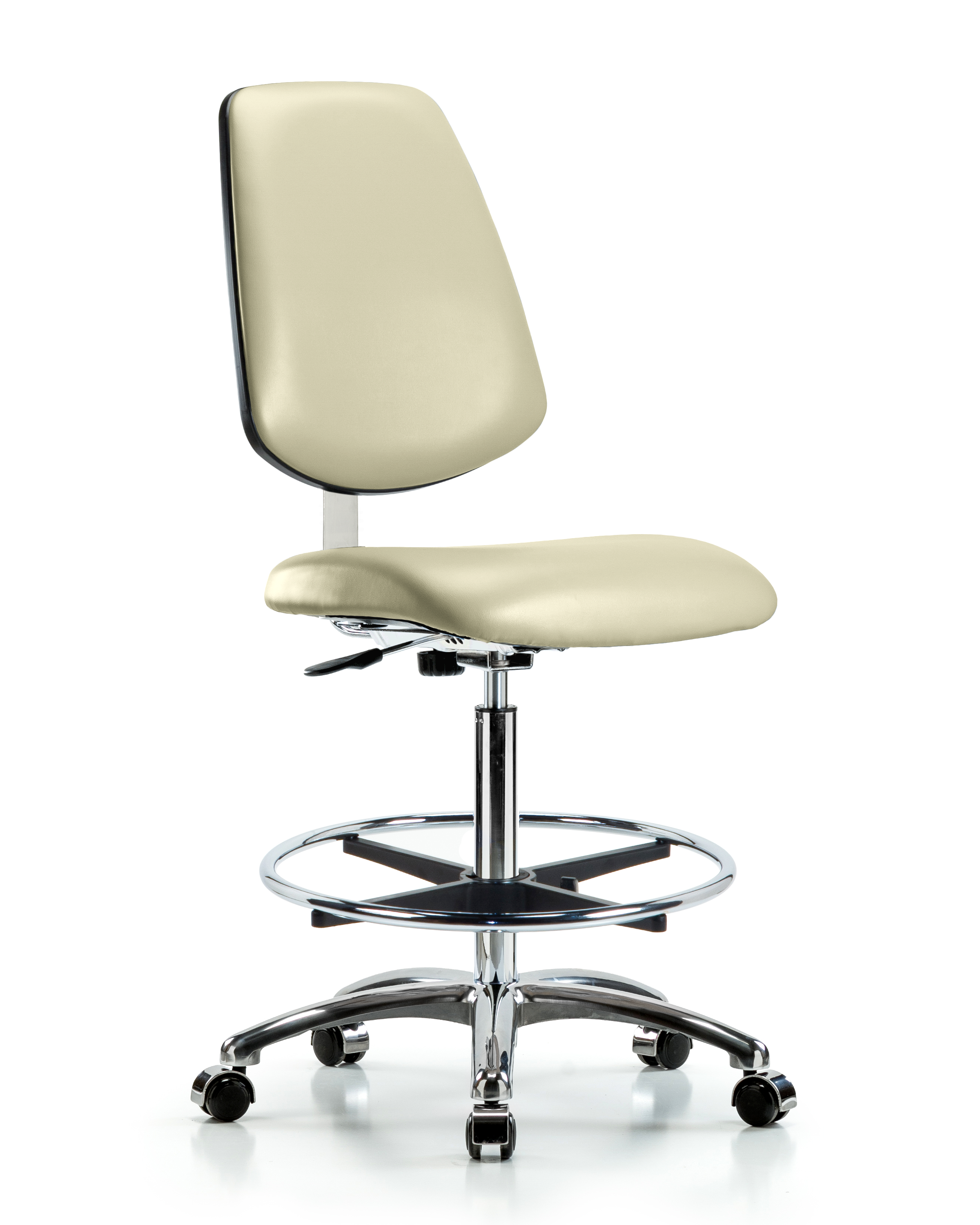 Class 10 Clean Room Vinyl Chair Chrome - High Bench Height with Medium Back, Chrome Foot Ring, & Casters in Adobe White Trailblazer Vinyl