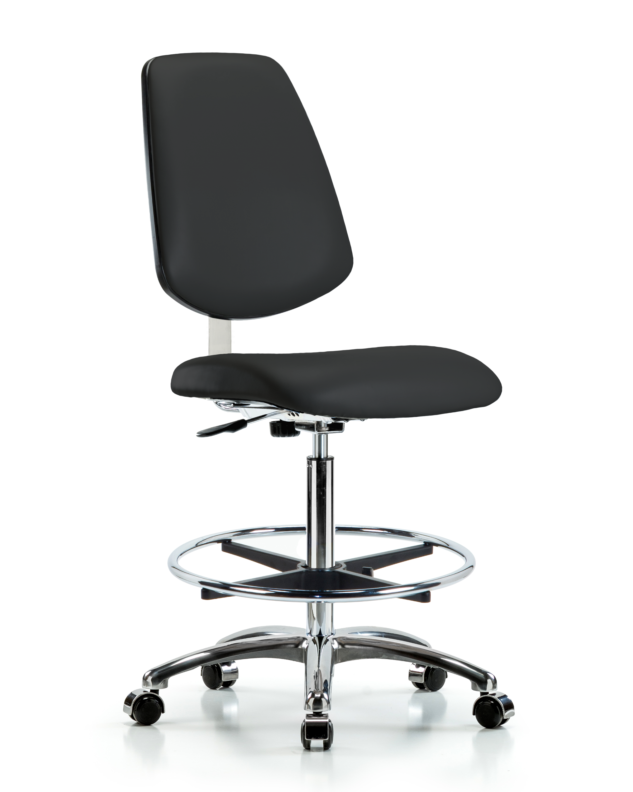 Class 10 Clean Room Vinyl Chair Chrome - High Bench Height with Medium Back, Chrome Foot Ring, & Casters in Black Trailblazer Vinyl