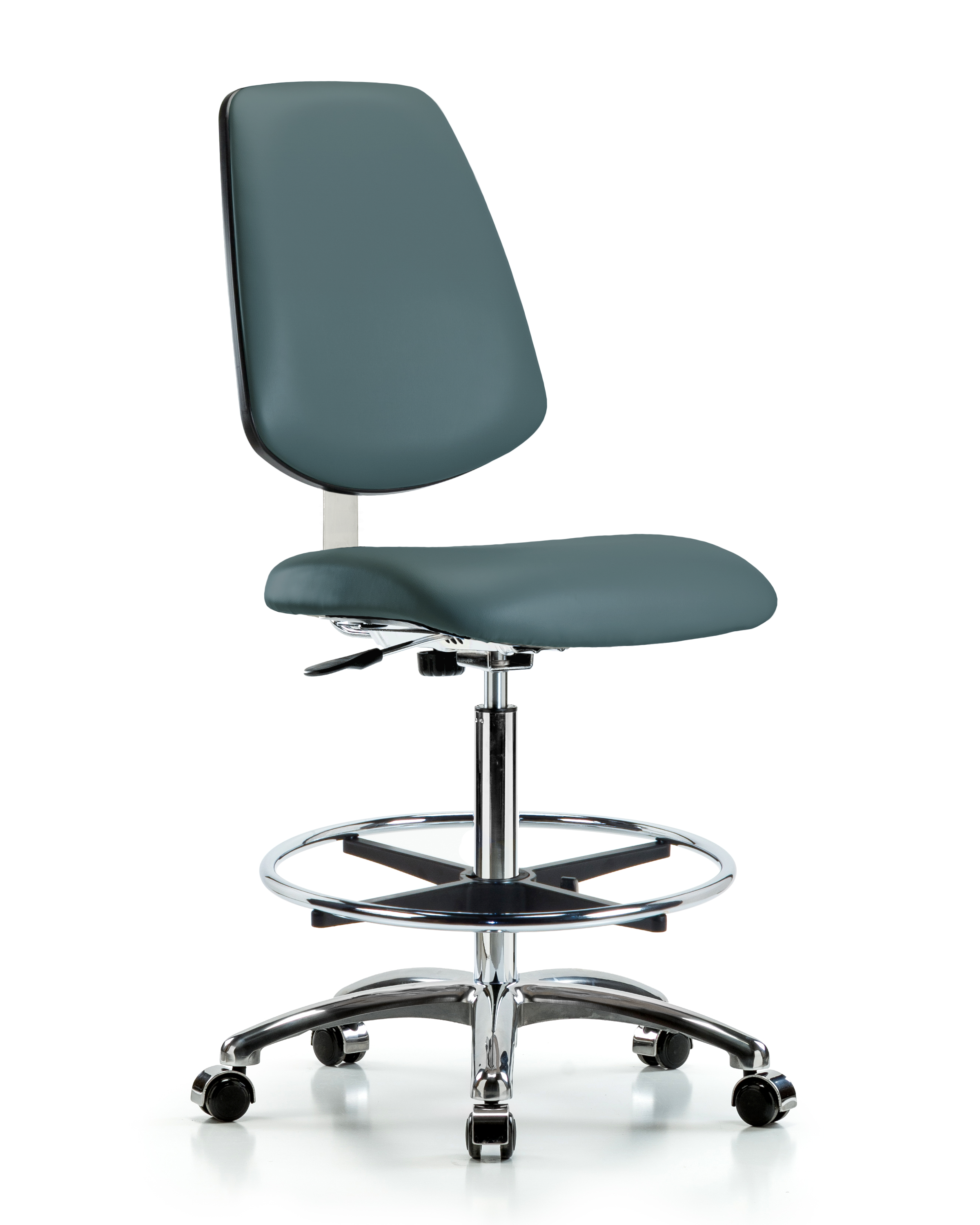 Class 10 Clean Room Vinyl Chair Chrome - High Bench Height with Medium Back, Chrome Foot Ring, & Casters in Colonial Blue Trailblazer Vinyl