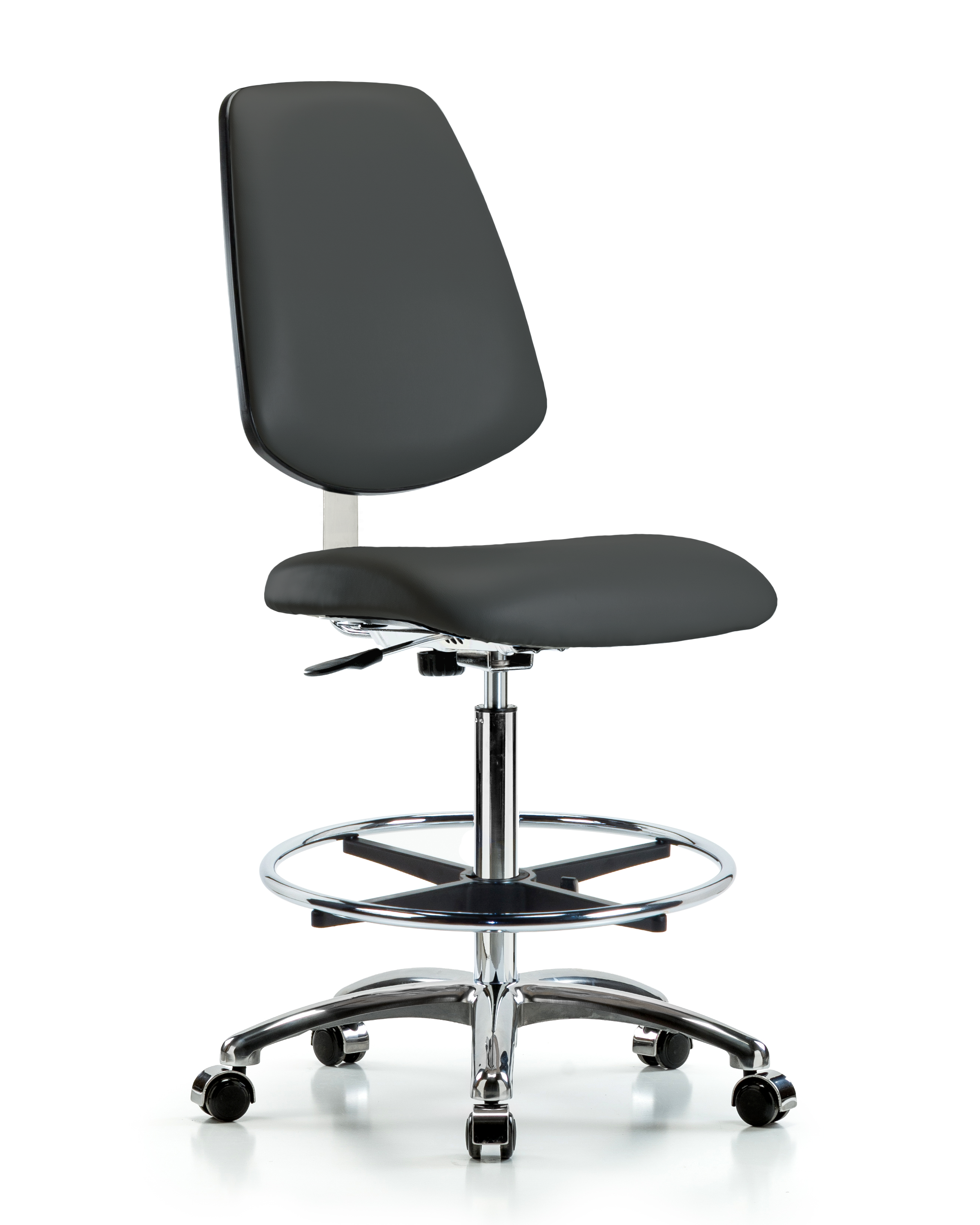 Class 10 Clean Room Vinyl Chair Chrome - High Bench Height with Medium Back, Chrome Foot Ring, & Casters in Charcoal Trailblazer Vinyl