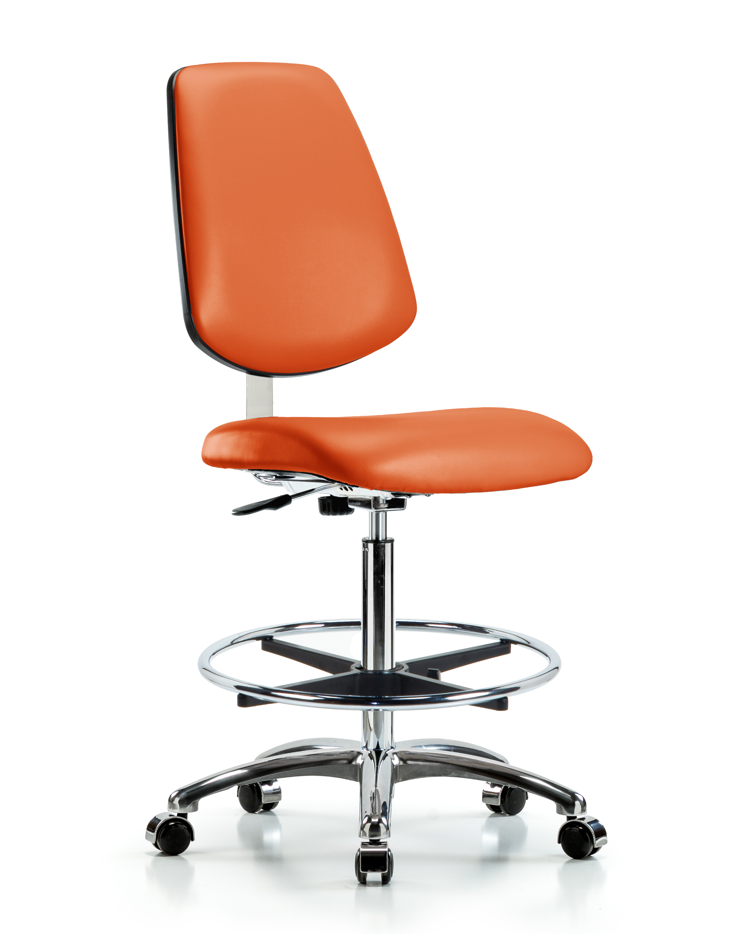 Class 10 Clean Room Vinyl Chair Chrome - High Bench Height with Medium Back, Chrome Foot Ring, & Casters in Orange Kist Trailblazer Vinyl