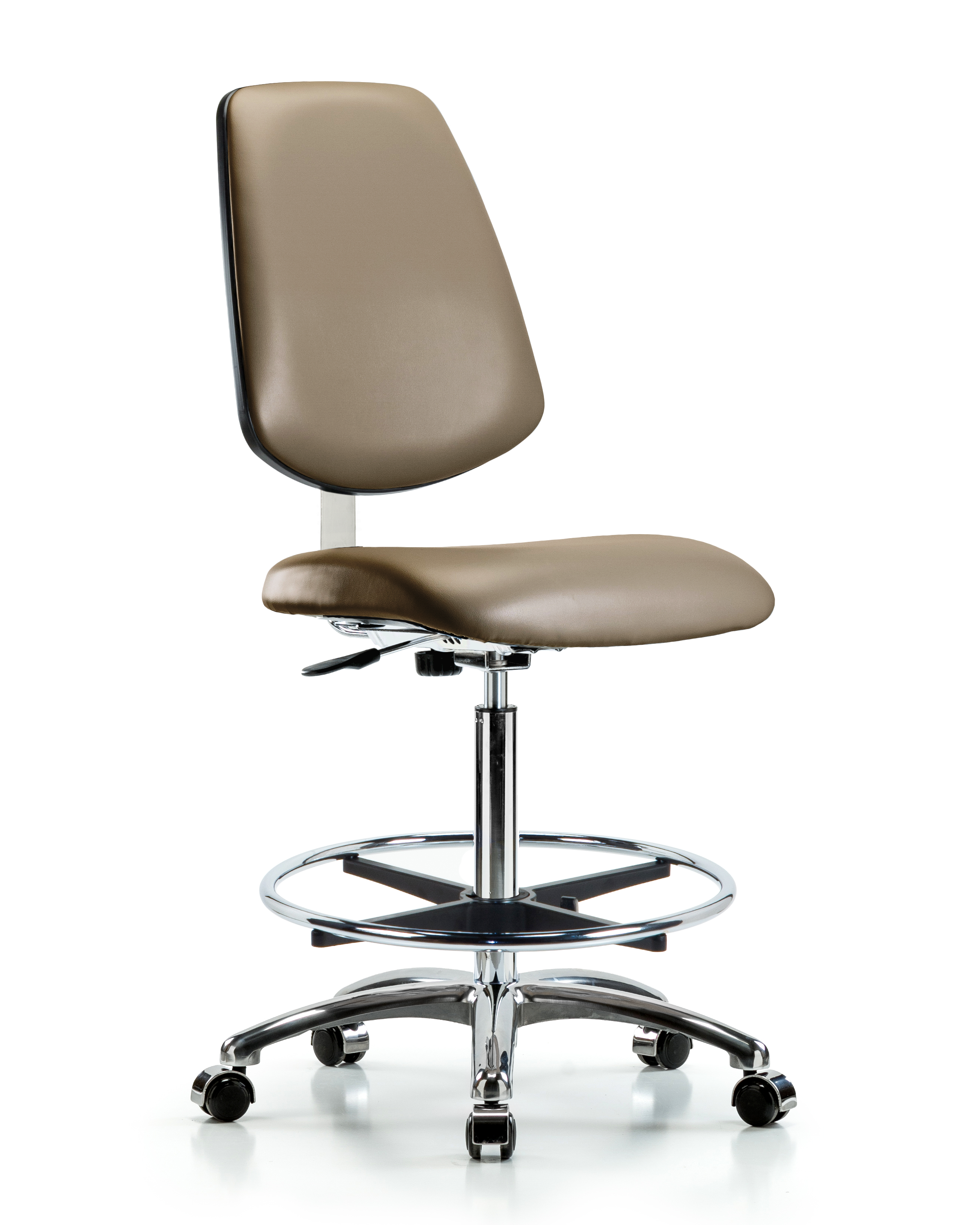 Class 10 Clean Room Vinyl Chair Chrome - High Bench Height with Medium Back, Chrome Foot Ring, & Casters in Taupe Supernova Vinyl