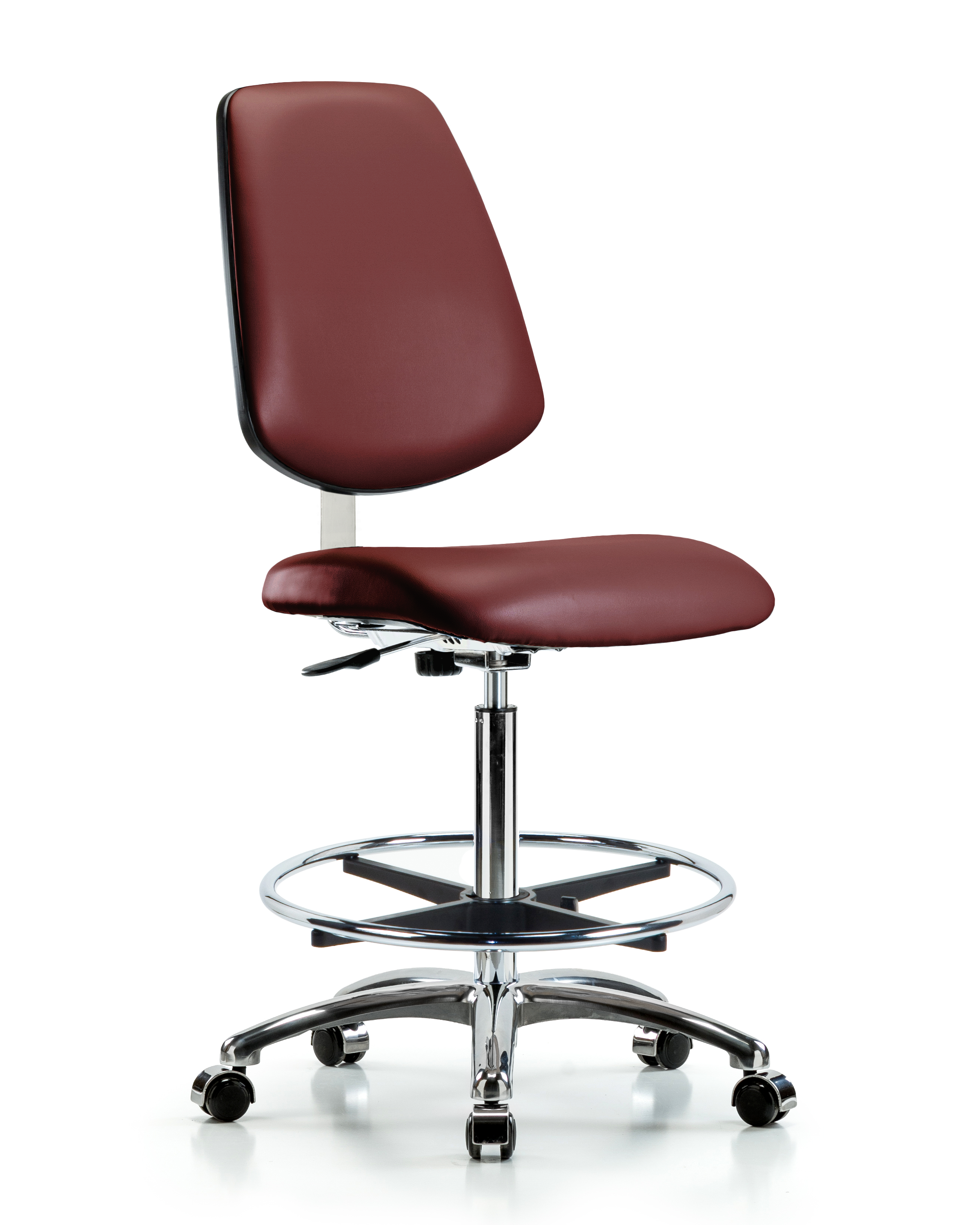 Class 10 Clean Room Vinyl Chair Chrome - High Bench Height with Medium Back, Chrome Foot Ring, & Casters in Borscht Supernova Vinyl