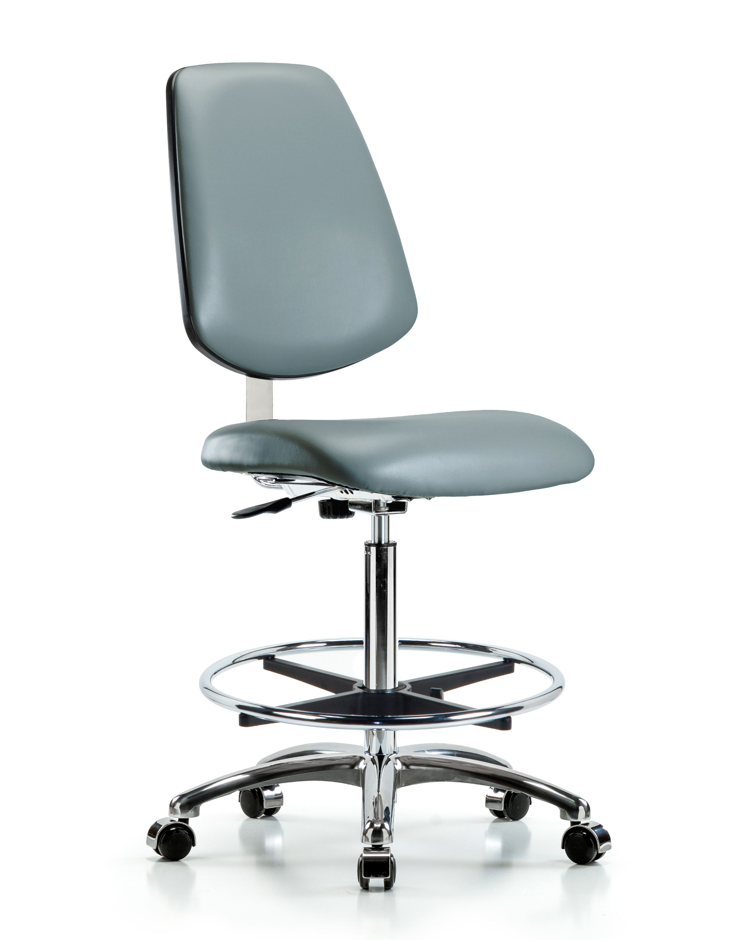 Class 10 Clean Room Vinyl Chair Chrome - High Bench Height with Medium Back, Chrome Foot Ring, & Casters in Storm Supernova Vinyl