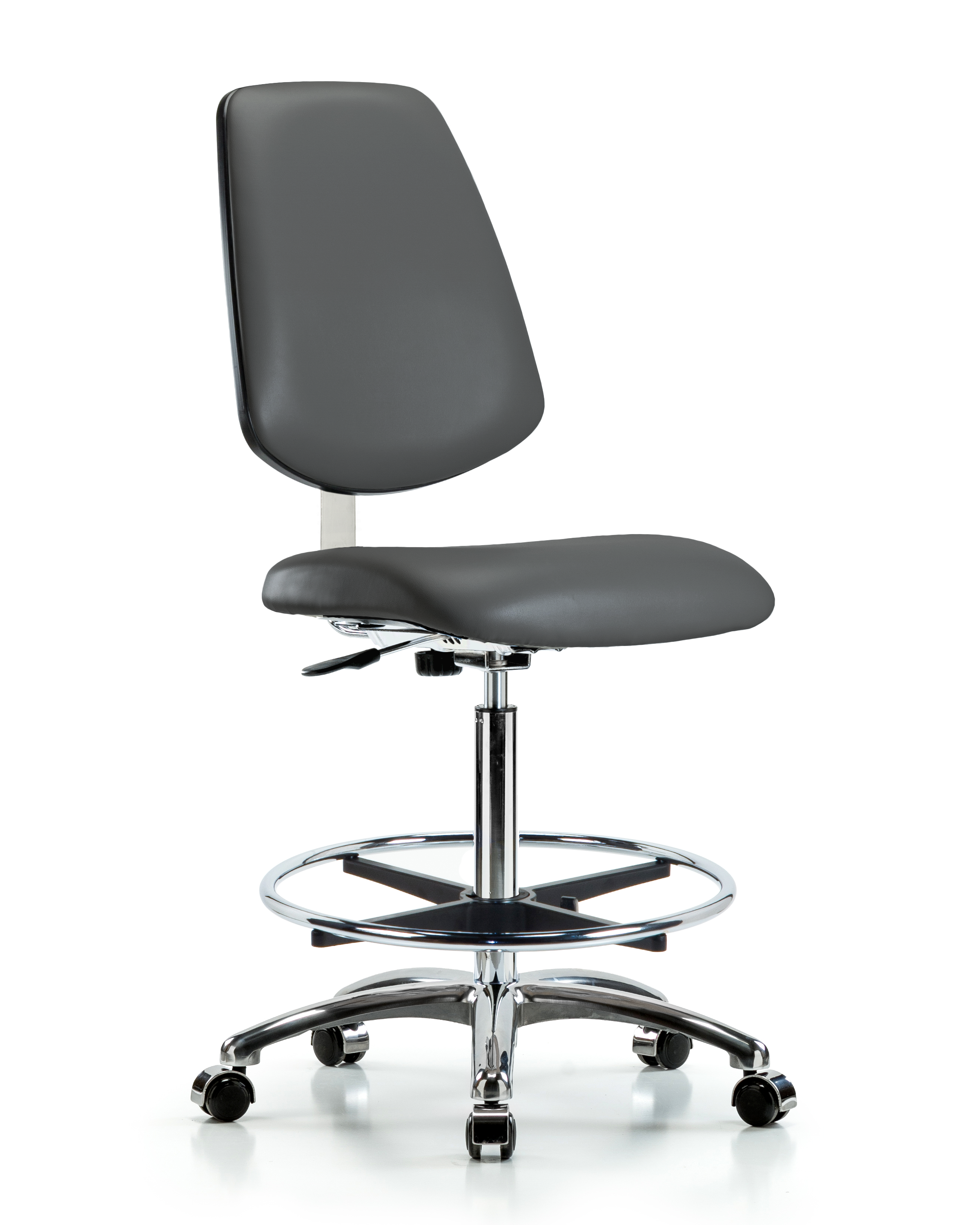 Class 10 Clean Room Vinyl Chair Chrome - High Bench Height with Medium Back, Chrome Foot Ring, & Casters in Carbon Supernova Vinyl