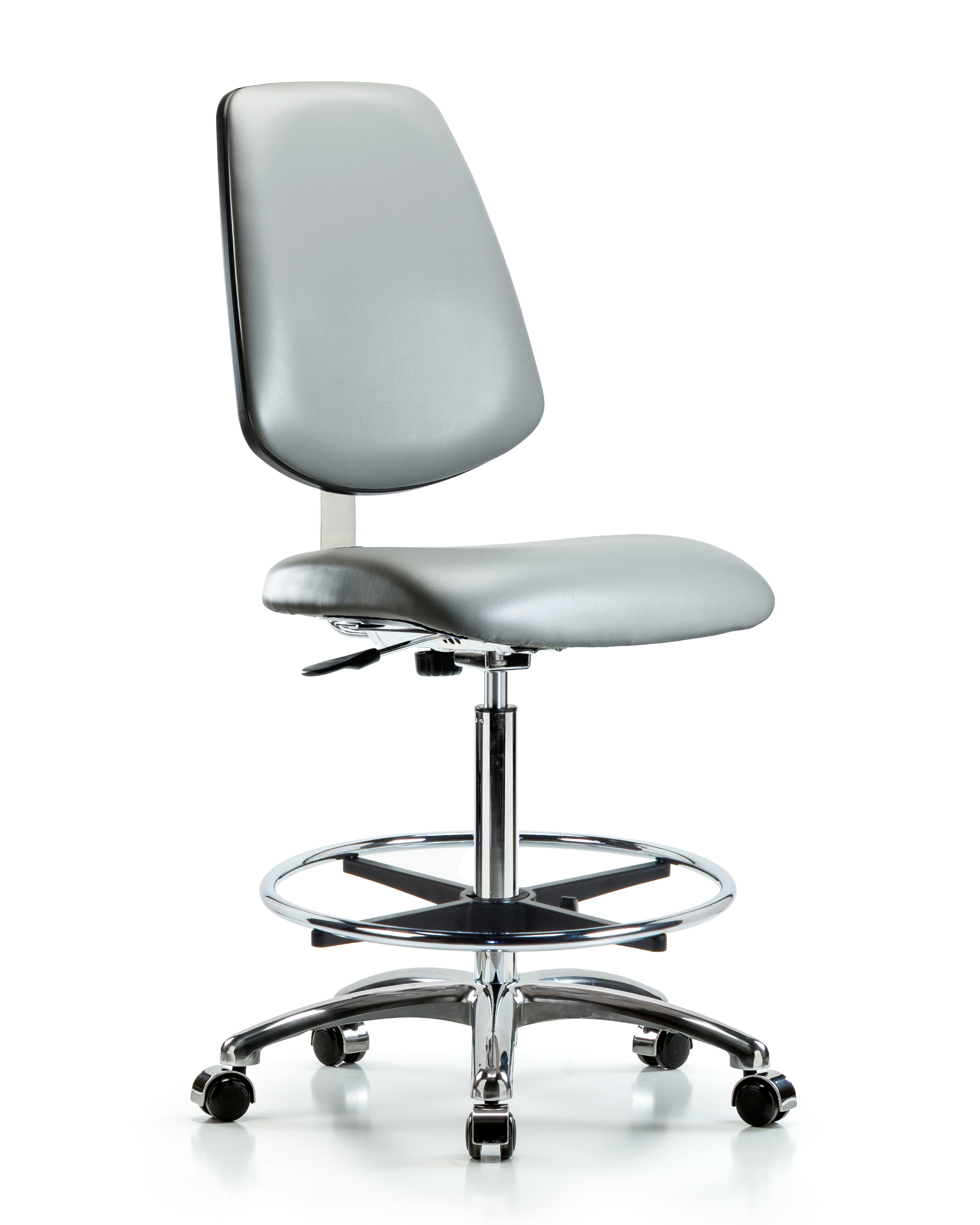 Class 10 Clean Room Vinyl Chair Chrome - High Bench Height with Medium Back, Chrome Foot Ring, & Casters in Sterling Supernova Vinyl