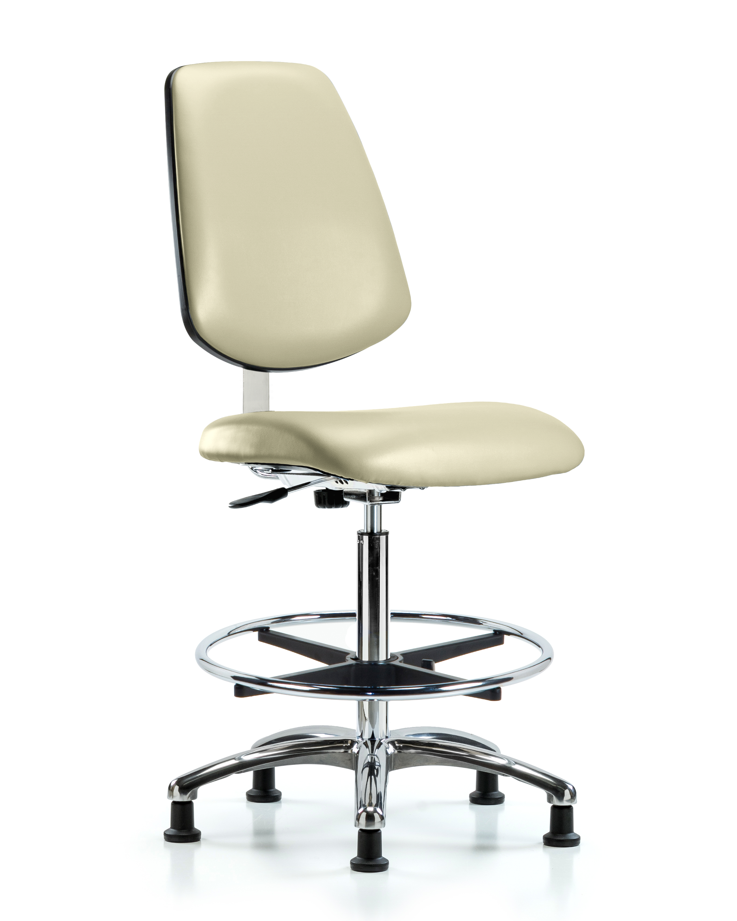 Class 10 Clean Room Vinyl Chair Chrome - High Bench Height with Medium Back, Chrome Foot Ring, & Stationary Glides in Adobe White Trailblazer Vinyl