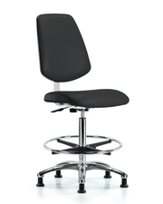 Class 10 Clean Room Vinyl Chair Chrome - High Bench Height with Medium Back, Chrome Foot Ring, & Stationary Glides in Black Trailblazer Vinyl