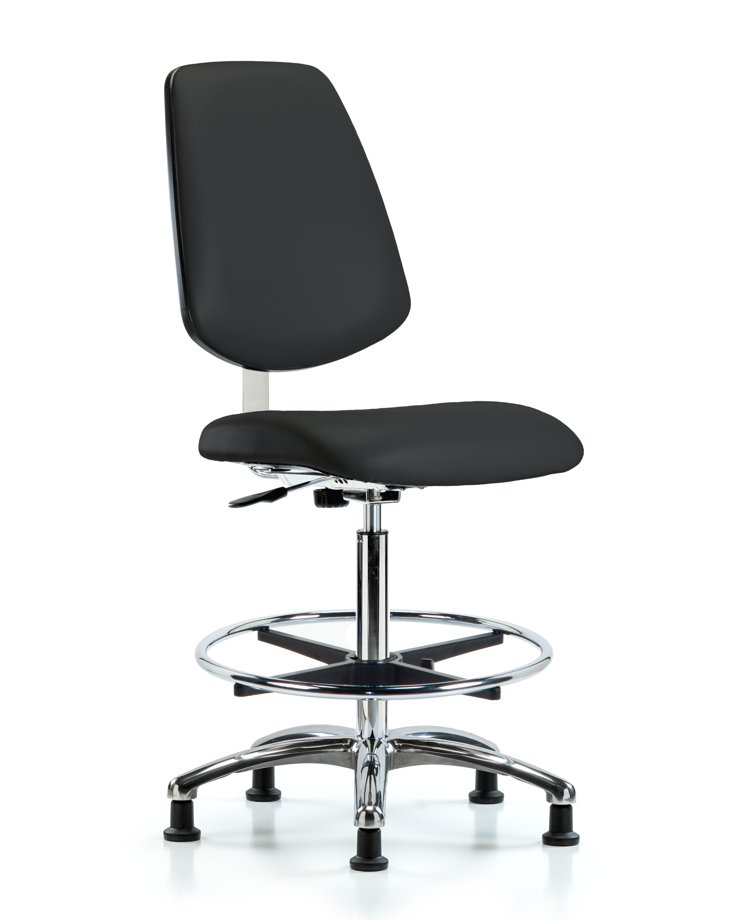 Class 10 Clean Room Vinyl Chair Chrome - High Bench Height with Medium Back, Chrome Foot Ring, & Stationary Glides in Black Trailblazer Vinyl