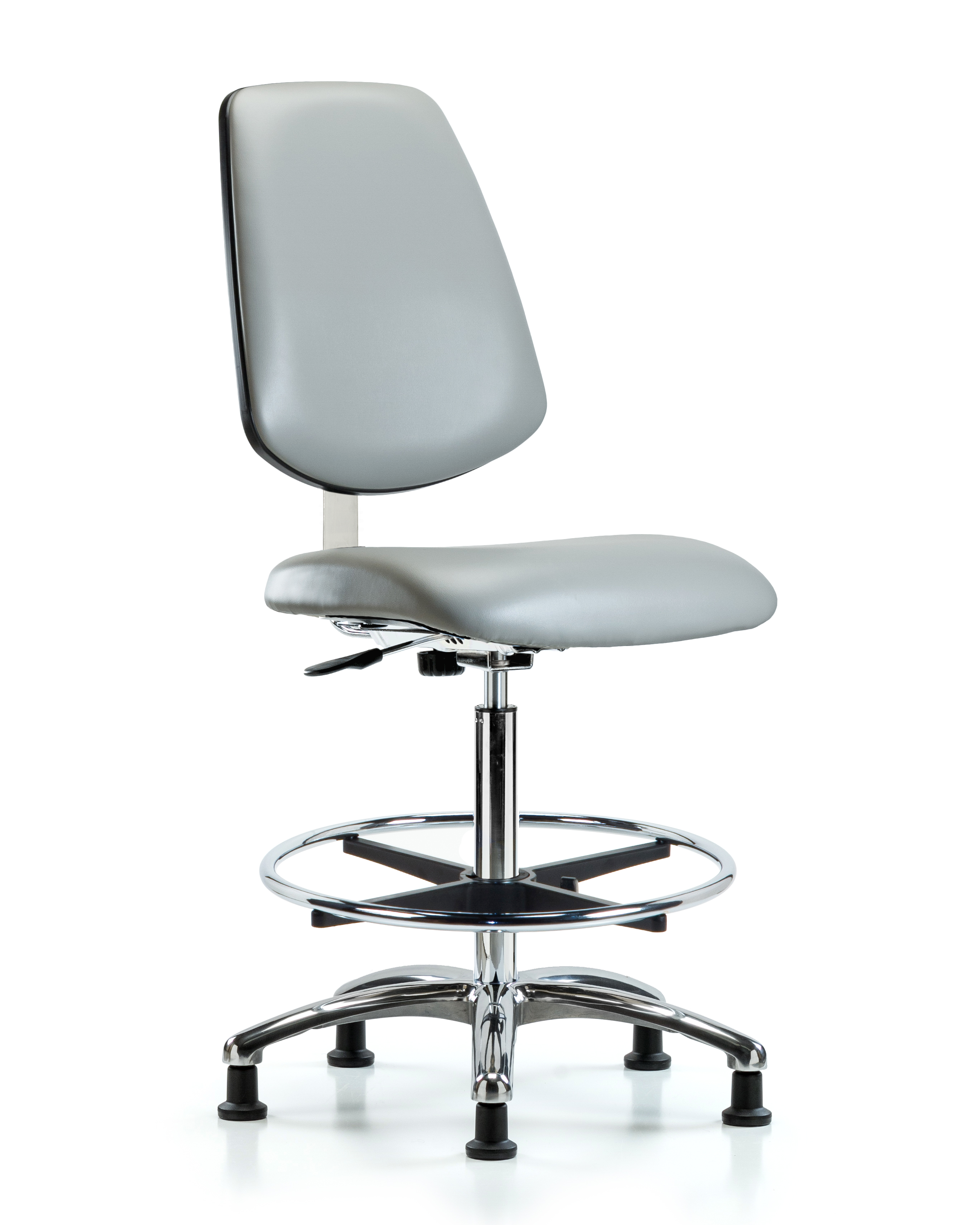 Class 10 Clean Room Vinyl Chair Chrome - High Bench Height with Medium Back, Chrome Foot Ring, & Stationary Glides in Dove Trailblazer Vinyl