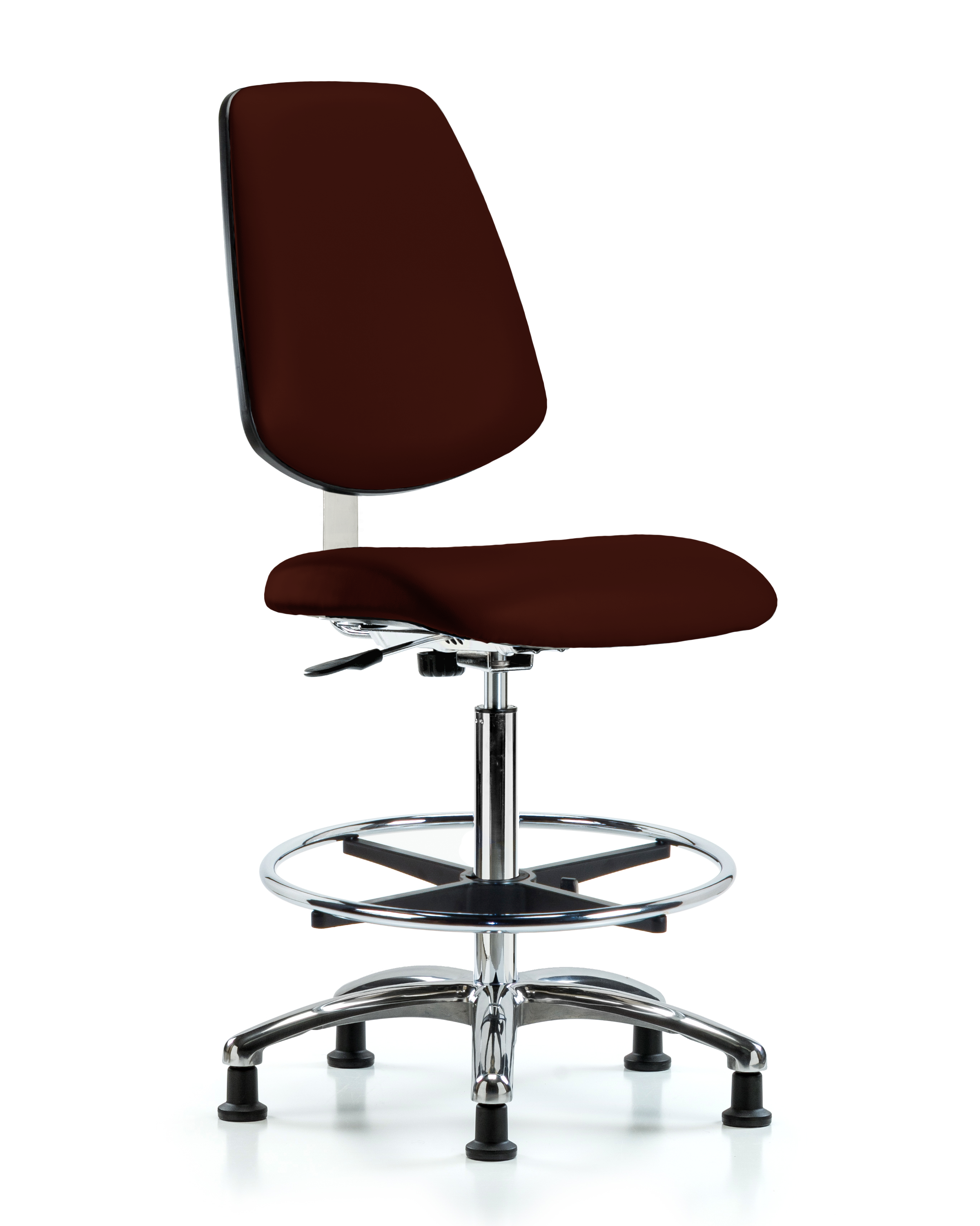 Class 10 Clean Room Vinyl Chair Chrome - High Bench Height with Medium Back, Chrome Foot Ring, & Stationary Glides in Burgundy Trailblazer Vinyl