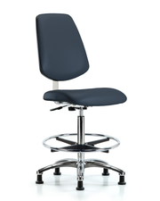 Class 10 Clean Room Vinyl Chair Chrome - High Bench Height with Medium Back, Chrome Foot Ring, & Stationary Glides in Imperial Blue Trailblazer Vinyl