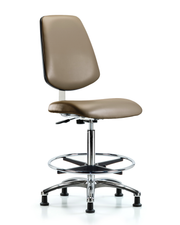 Class 10 Clean Room Vinyl Chair Chrome - High Bench Height with Medium Back, Chrome Foot Ring, & Stationary Glides in Taupe Supernova Vinyl