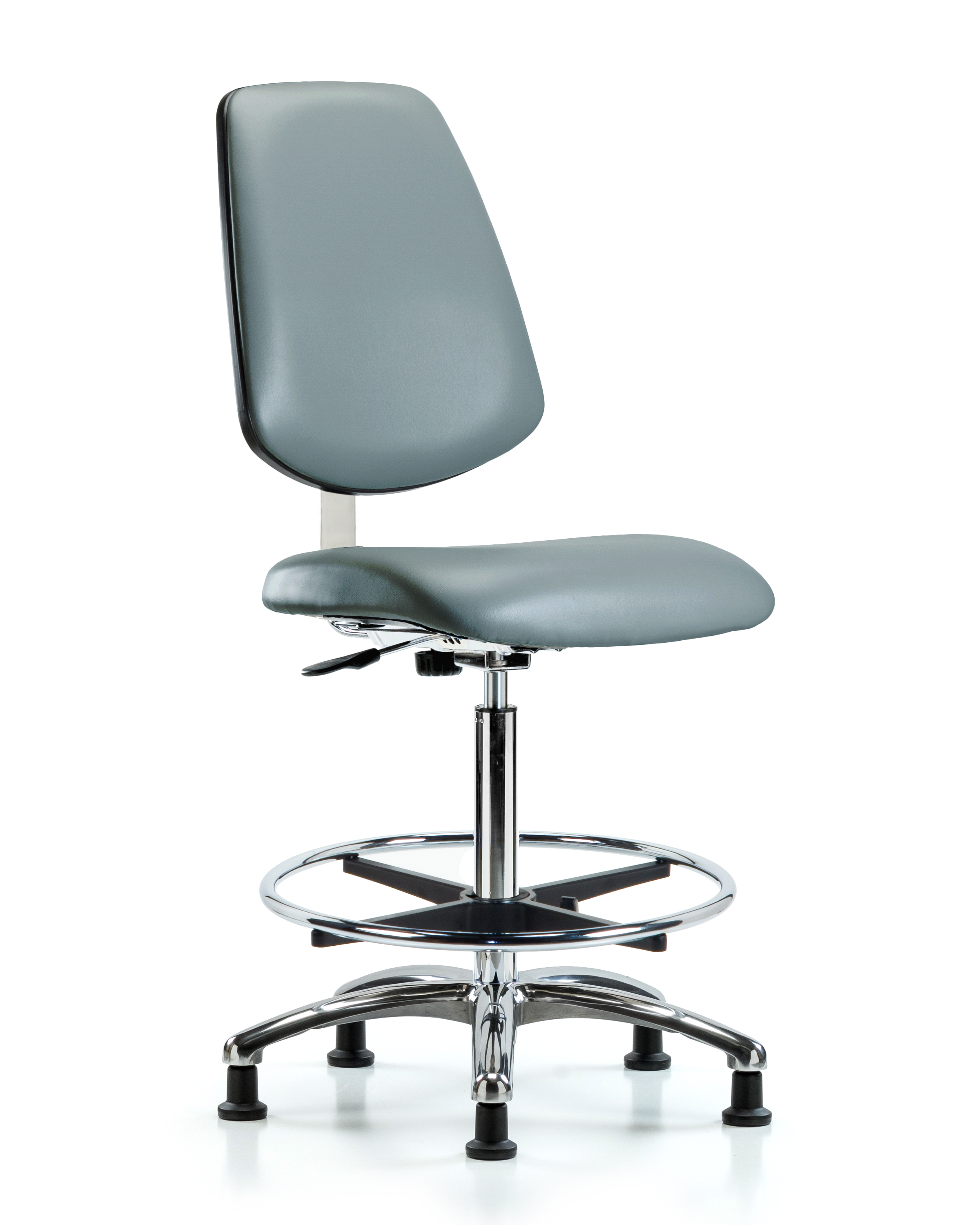 Class 10 Clean Room Vinyl Chair Chrome - High Bench Height with Medium Back, Chrome Foot Ring, & Stationary Glides in Storm Supernova Vinyl