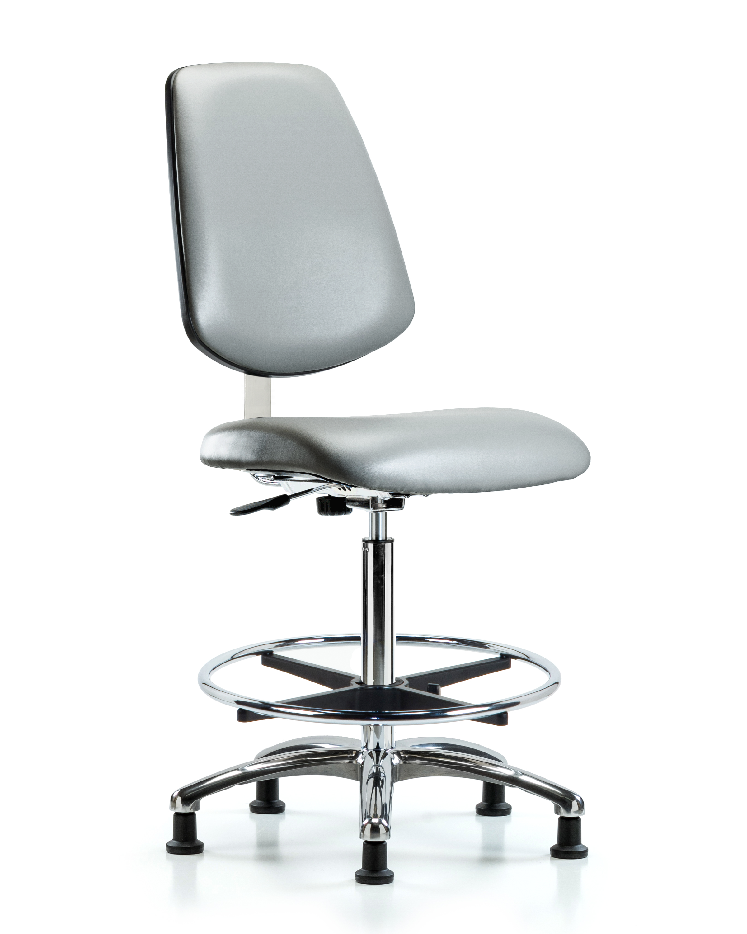 Class 10 Clean Room Vinyl Chair Chrome - High Bench Height with Medium Back, Chrome Foot Ring, & Stationary Glides in Sterling Supernova Vinyl
