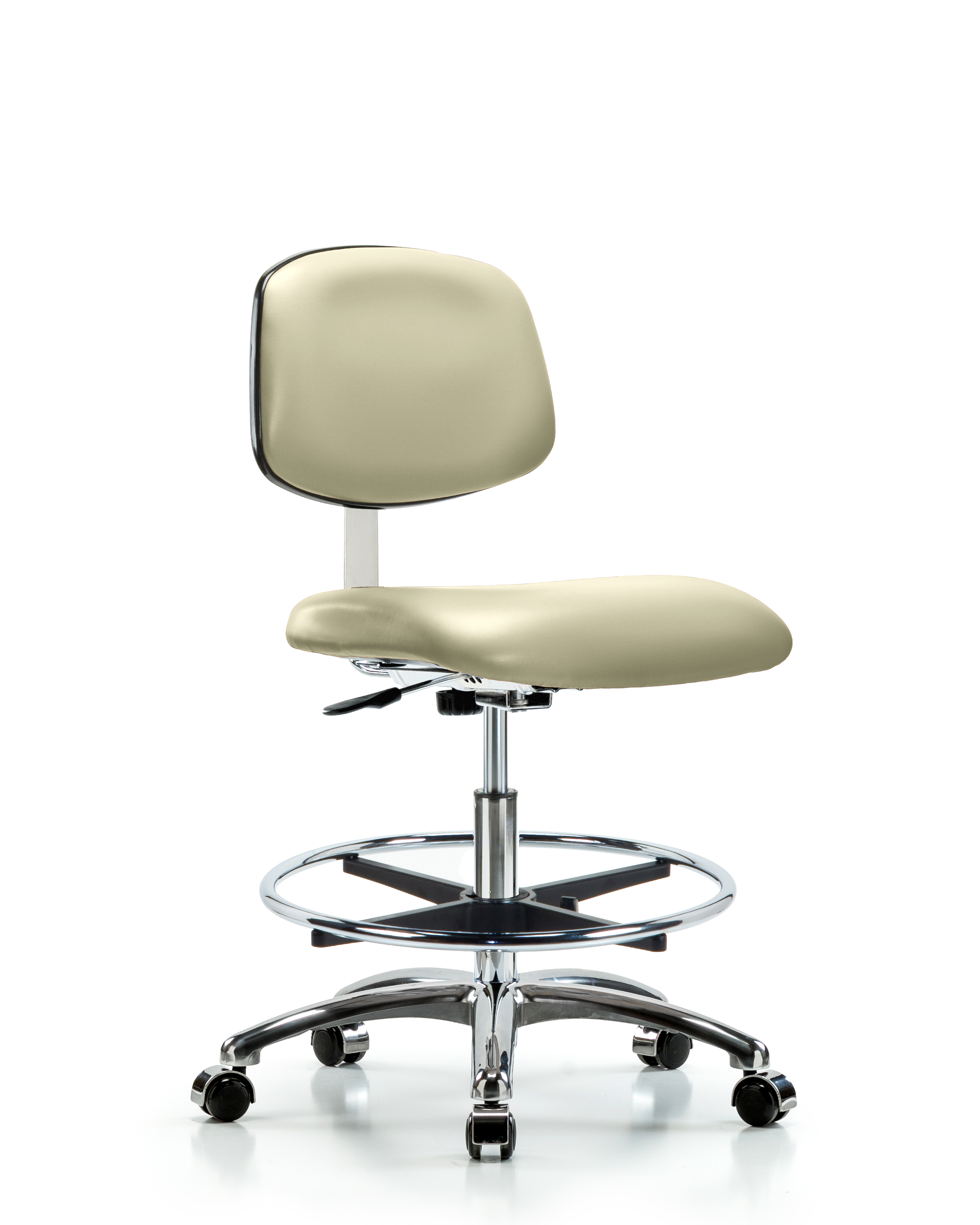 Class 10 Clean Room Vinyl Chair Chrome - Medium Bench Height with Chrome Foot Ring & Casters in Adobe White Trailblazer Vinyl