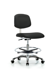 Class 10 Clean Room Vinyl Chair Chrome - Medium Bench Height with Chrome Foot Ring & Casters in Black Trailblazer Vinyl