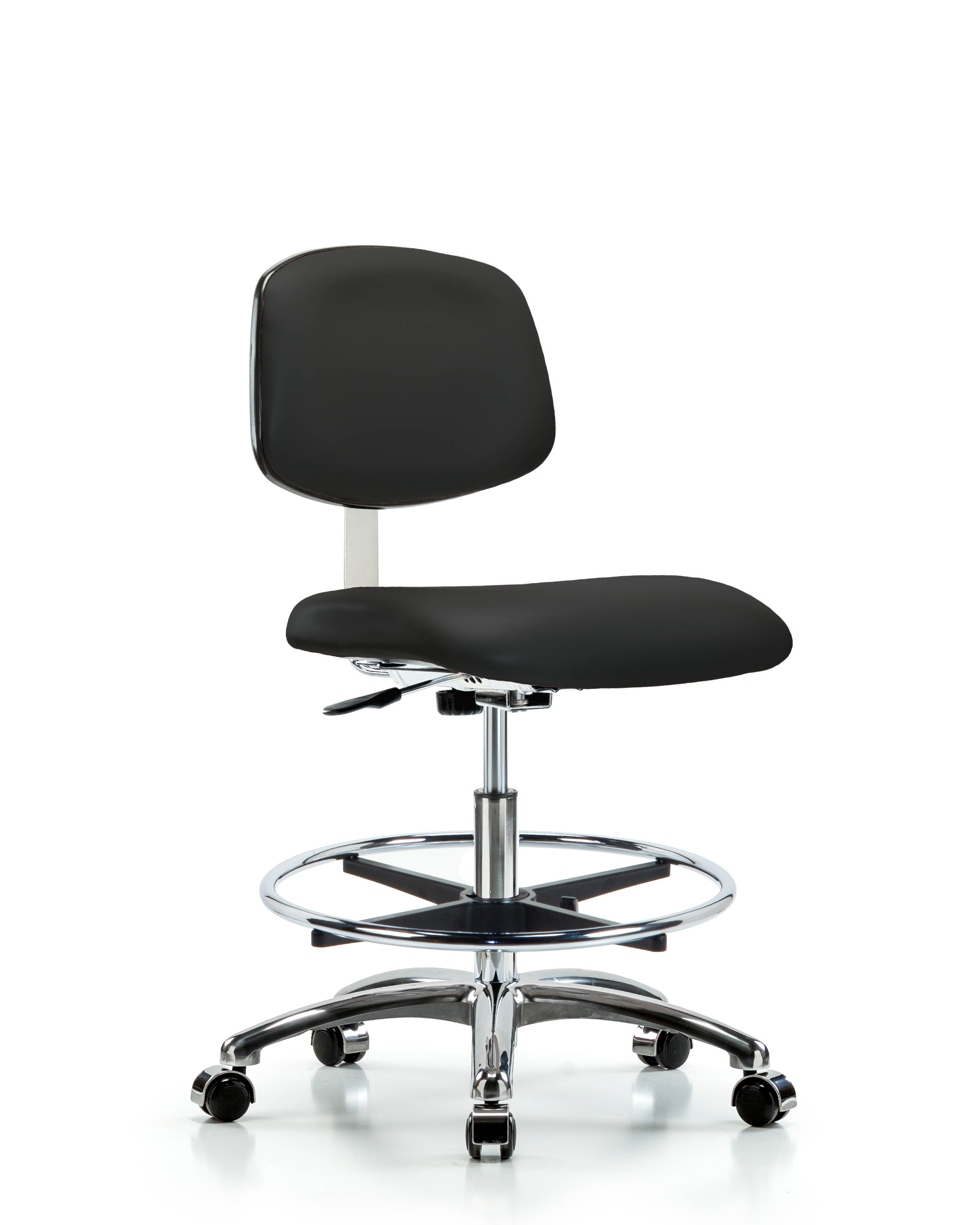 Class 10 Clean Room Vinyl Chair Chrome - Medium Bench Height with Chrome Foot Ring & Casters in Black Trailblazer Vinyl