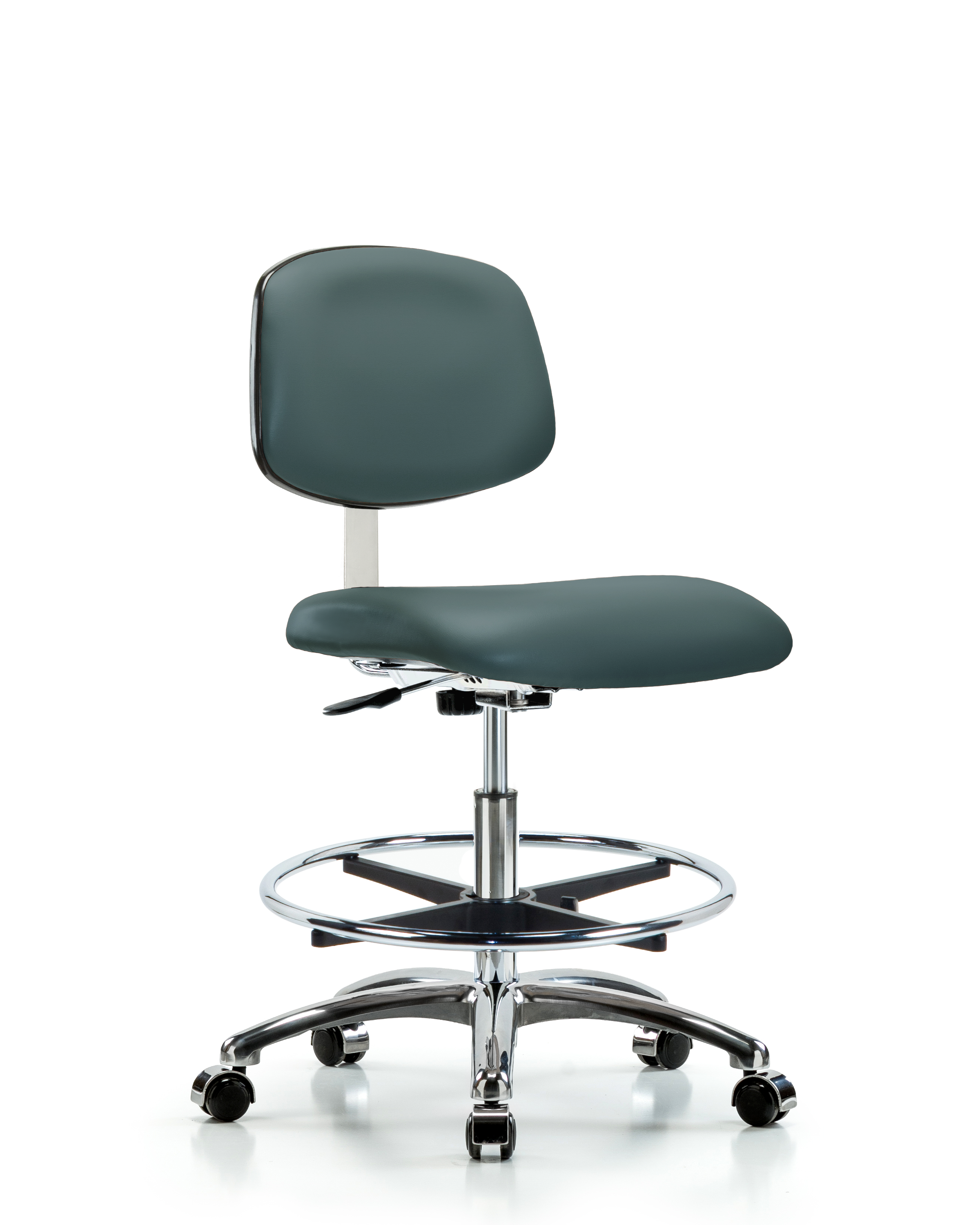 Class 10 Clean Room Vinyl Chair Chrome - Medium Bench Height with Chrome Foot Ring & Casters in Colonial Blue Trailblazer Vinyl