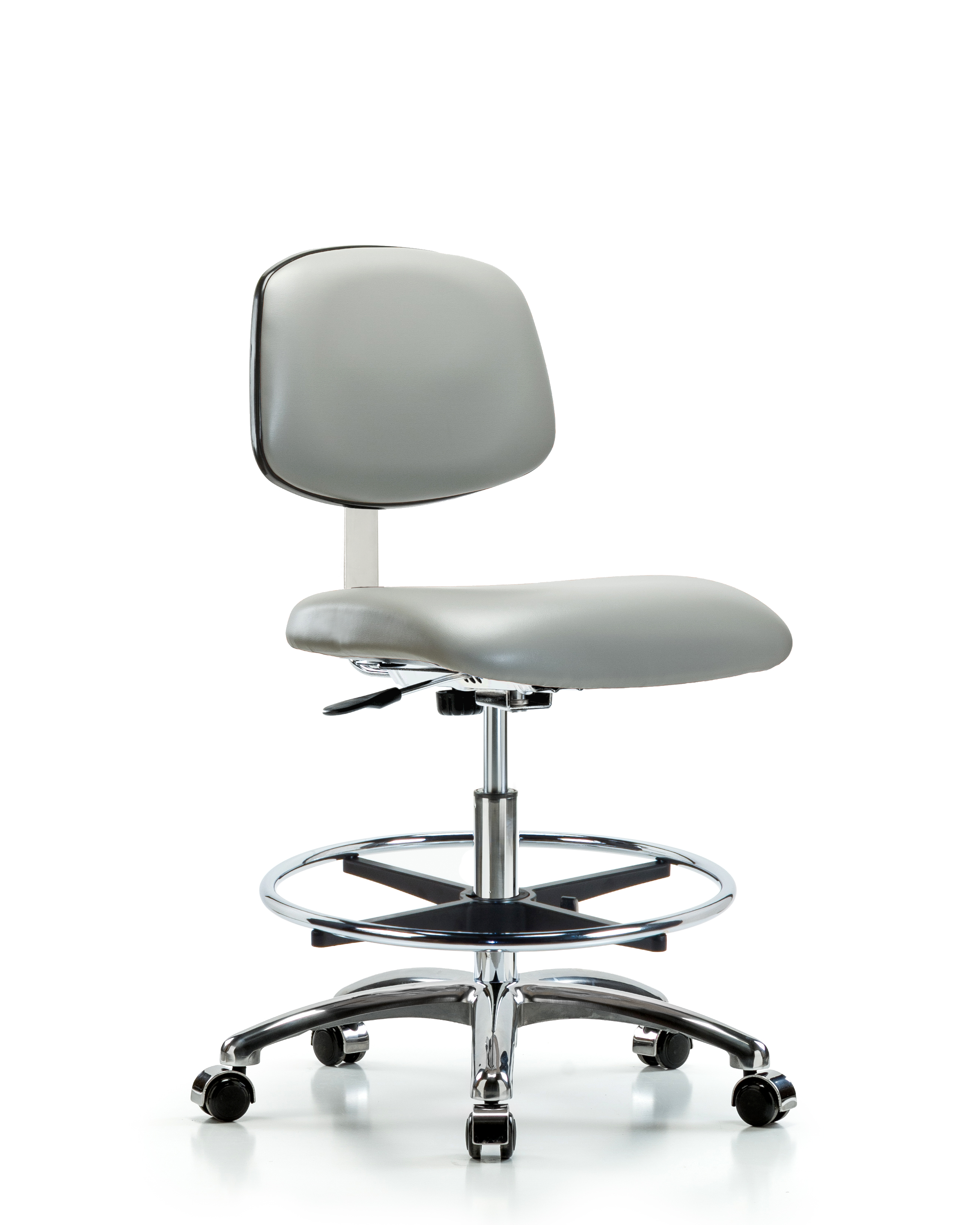 Class 10 Clean Room Vinyl Chair Chrome - Medium Bench Height with Chrome Foot Ring & Casters in Dove Trailblazer Vinyl