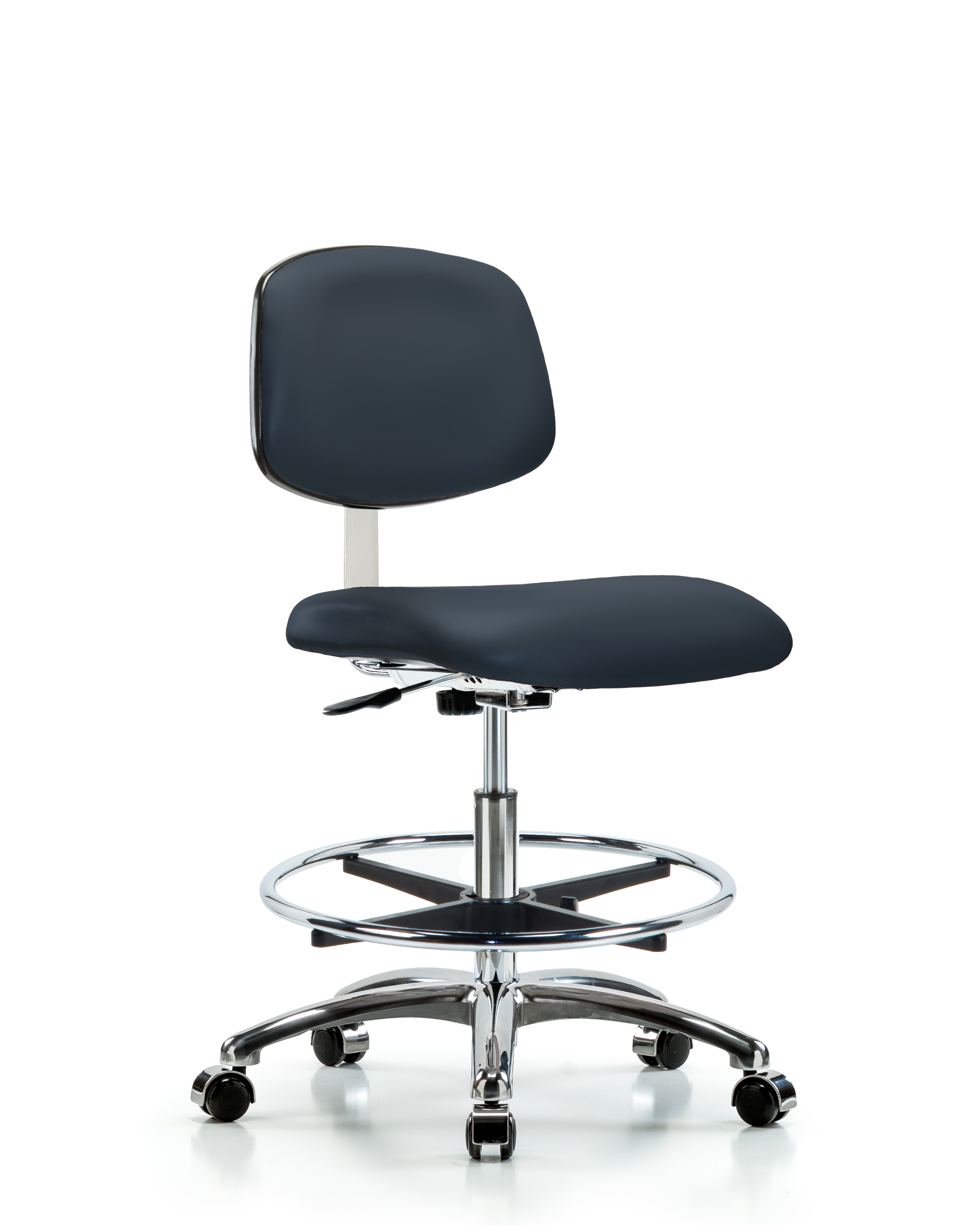 Class 10 Clean Room Vinyl Chair Chrome - Medium Bench Height with Chrome Foot Ring & Casters in Imperial Blue Trailblazer Vinyl