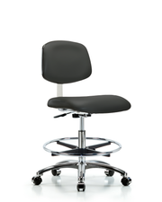 Class 10 Clean Room Vinyl Chair Chrome - Medium Bench Height with Chrome Foot Ring & Casters in Charcoal Trailblazer Vinyl