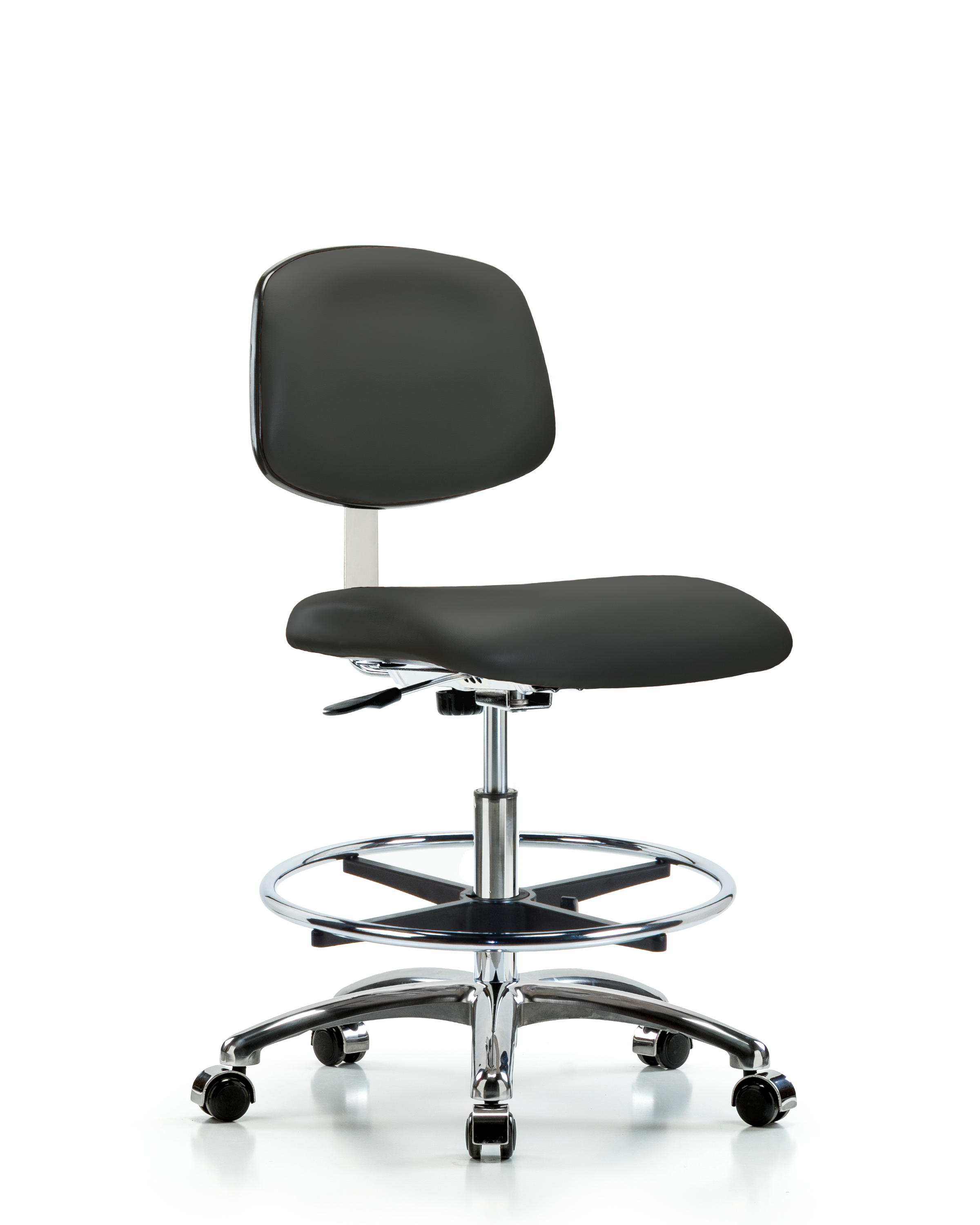 Class 10 Clean Room Vinyl Chair Chrome - Medium Bench Height with Chrome Foot Ring & Casters in Charcoal Trailblazer Vinyl
