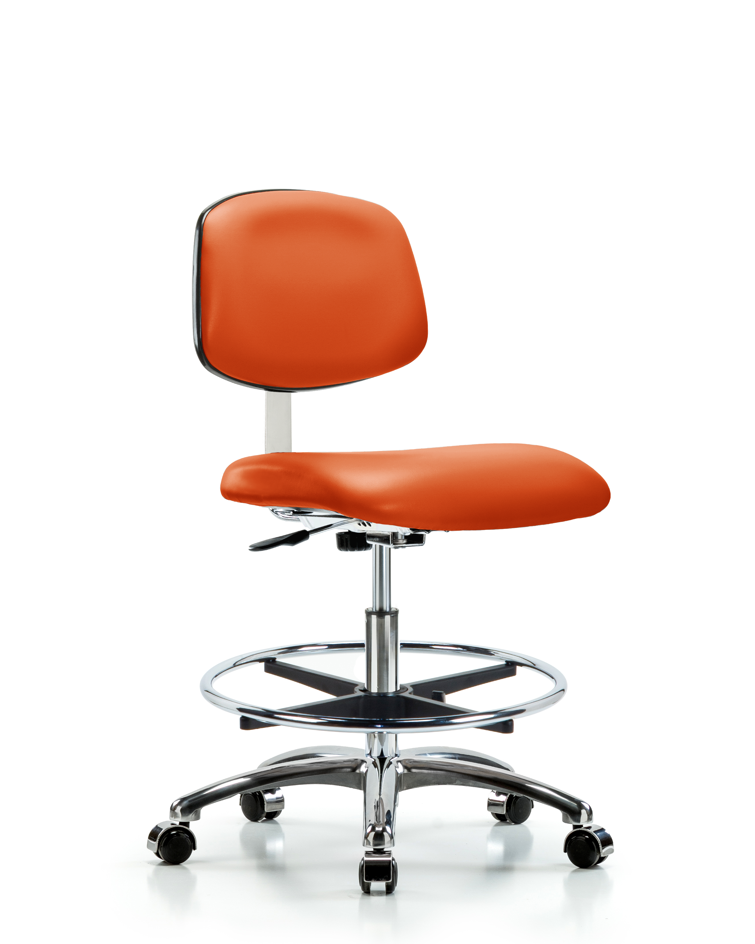 Class 10 Clean Room Vinyl Chair Chrome - Medium Bench Height with Chrome Foot Ring & Casters in Orange Kist Trailblazer Vinyl