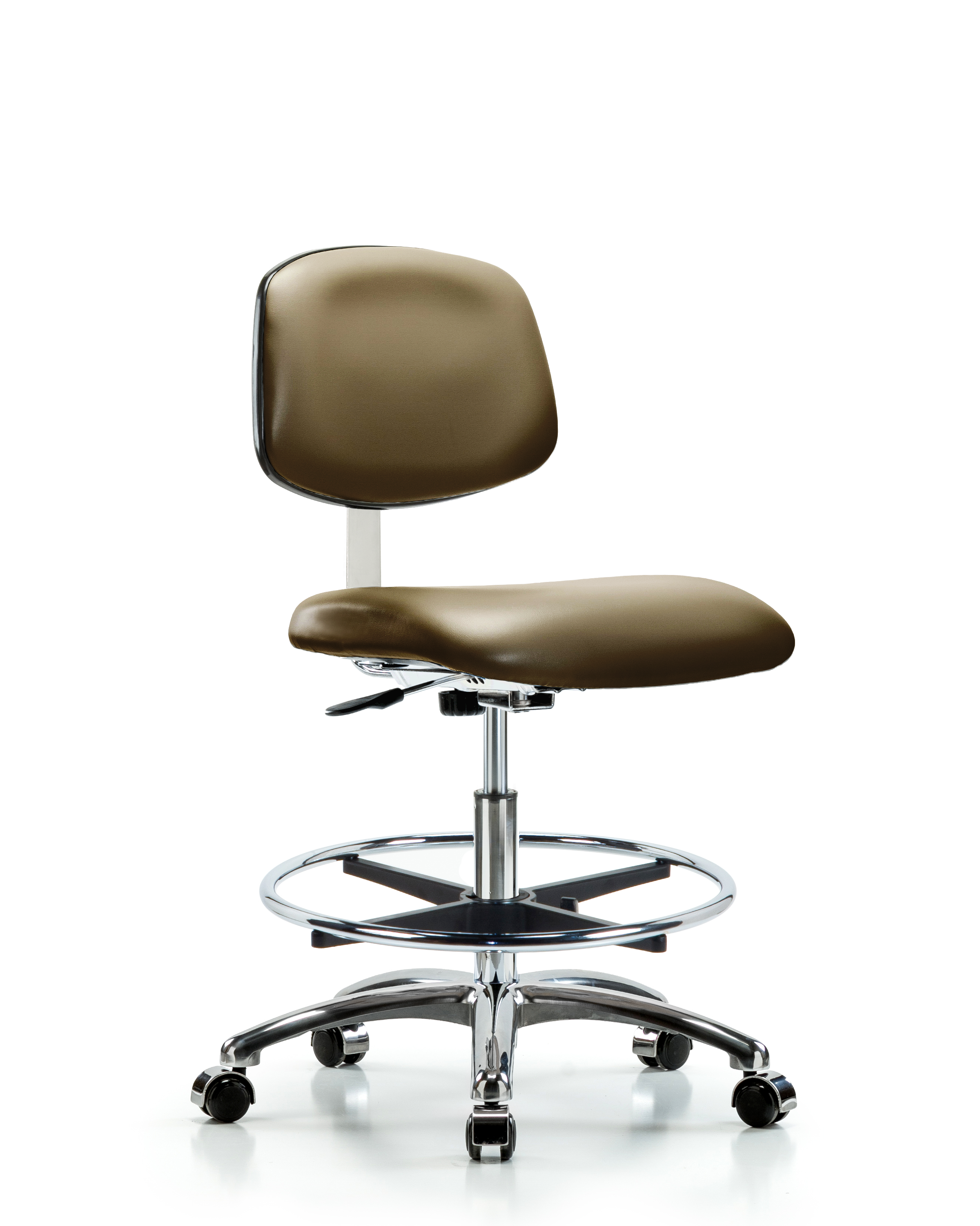Class 10 Clean Room Vinyl Chair Chrome - Medium Bench Height with Chrome Foot Ring & Casters in Taupe Supernova Vinyl